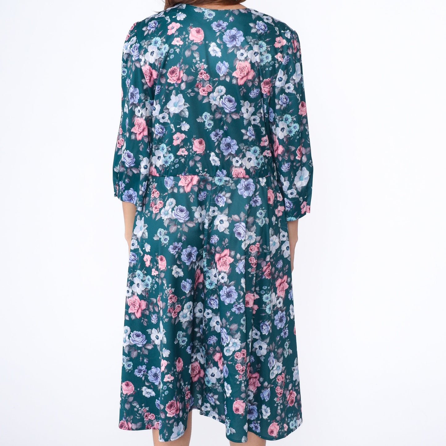 80s Floral Midi Dress Lace Collar Puff Sleeve Green Rose Print High Waist Large