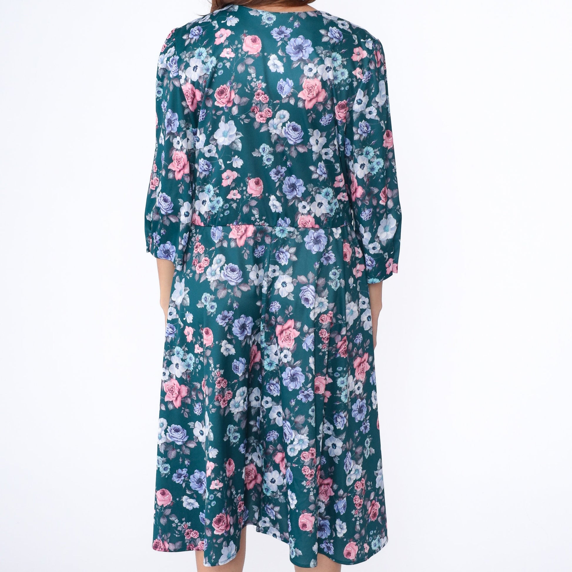 80s Floral Midi Dress Lace Collar Puff Sleeve Green Rose Print High Waist Large