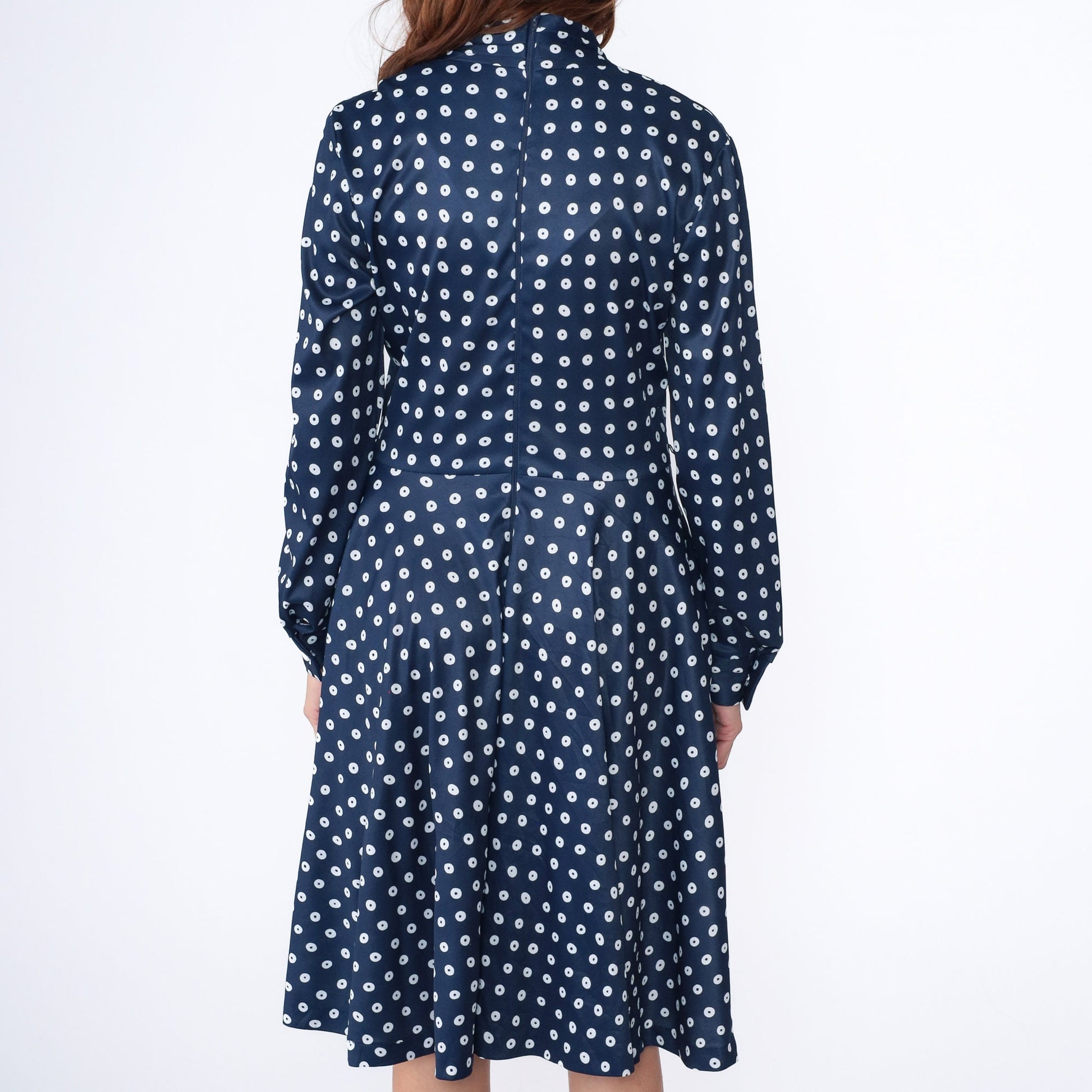 70s Navy Polka Dot Midi Dress V-Neck High Waist Flared Long Sleeve Medium
