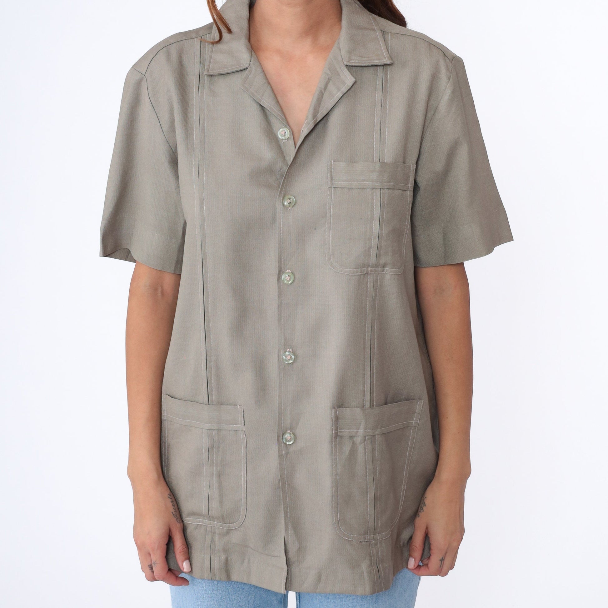 70s Taupe Wool Blend Button-Up Shirt White Topstitching Men's Medium