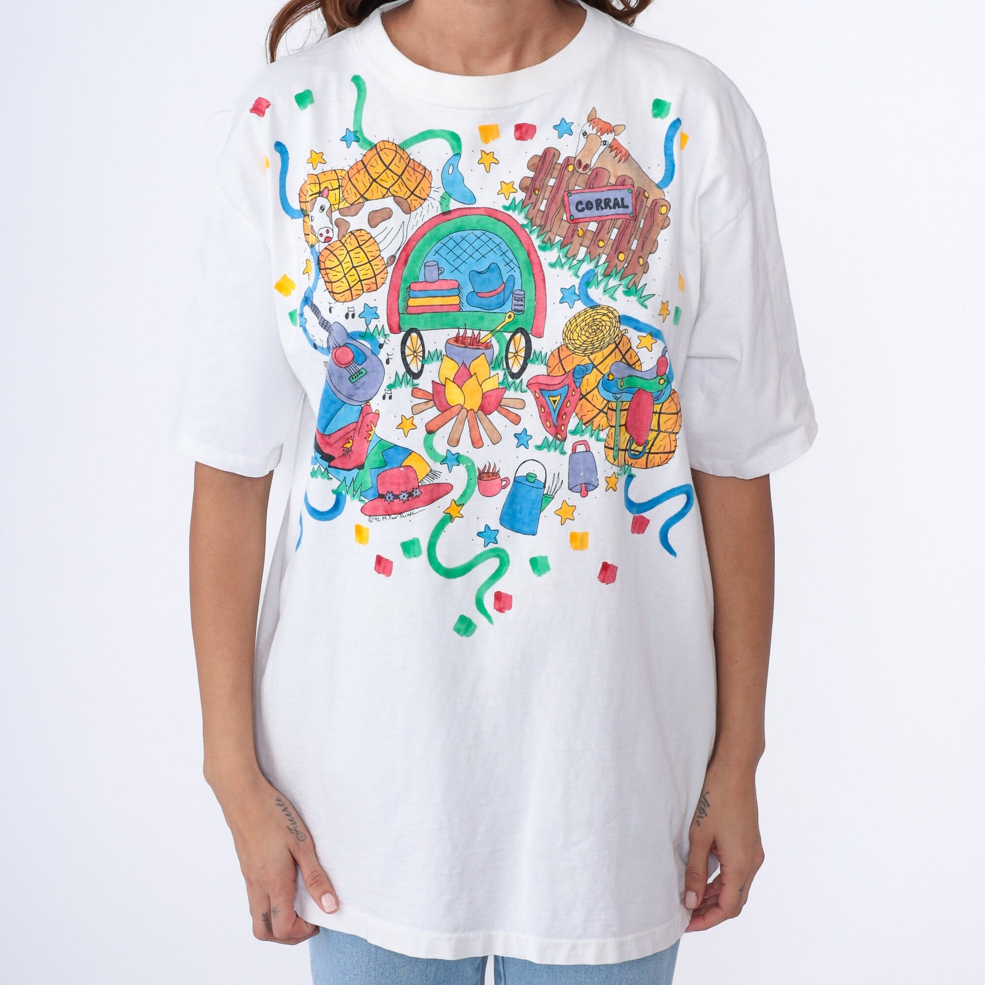 90s Western Hand Painted Graphic T-Shirt Cow Horse Campfire White Large