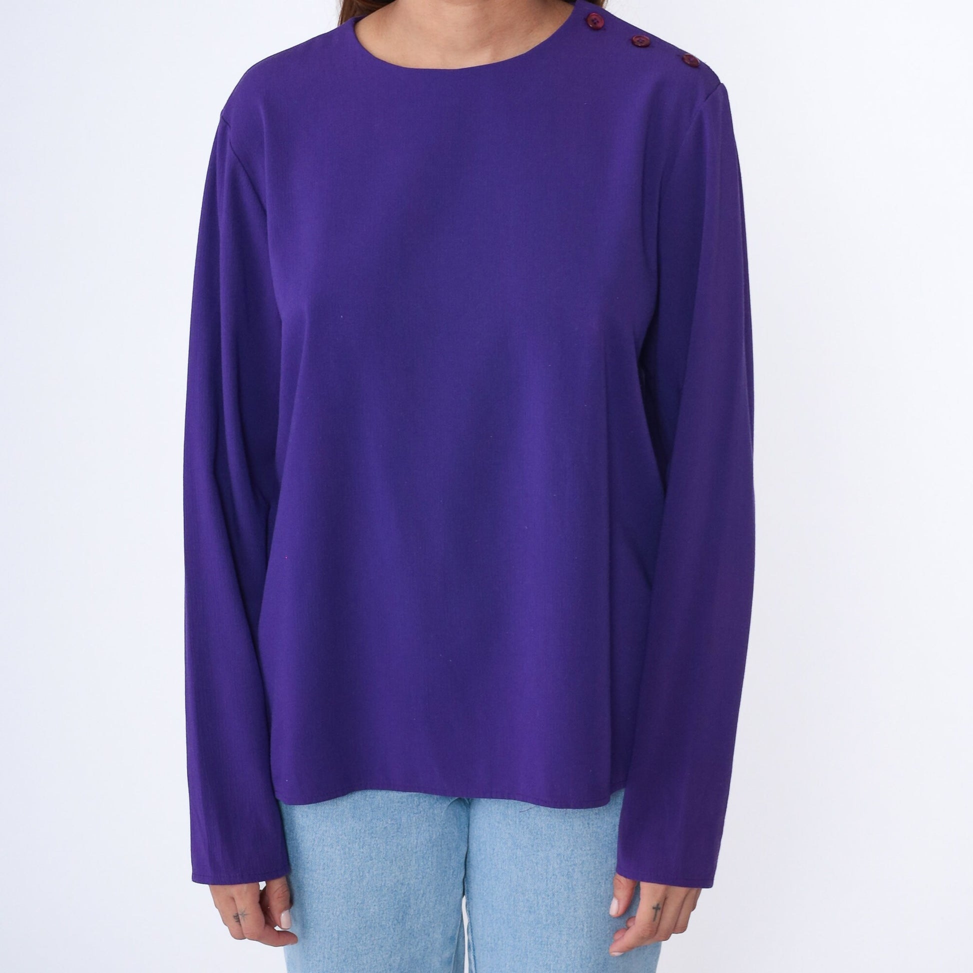90s Purple Blouse Shoulder Button Long Sleeve Pullover Top Extra Large
