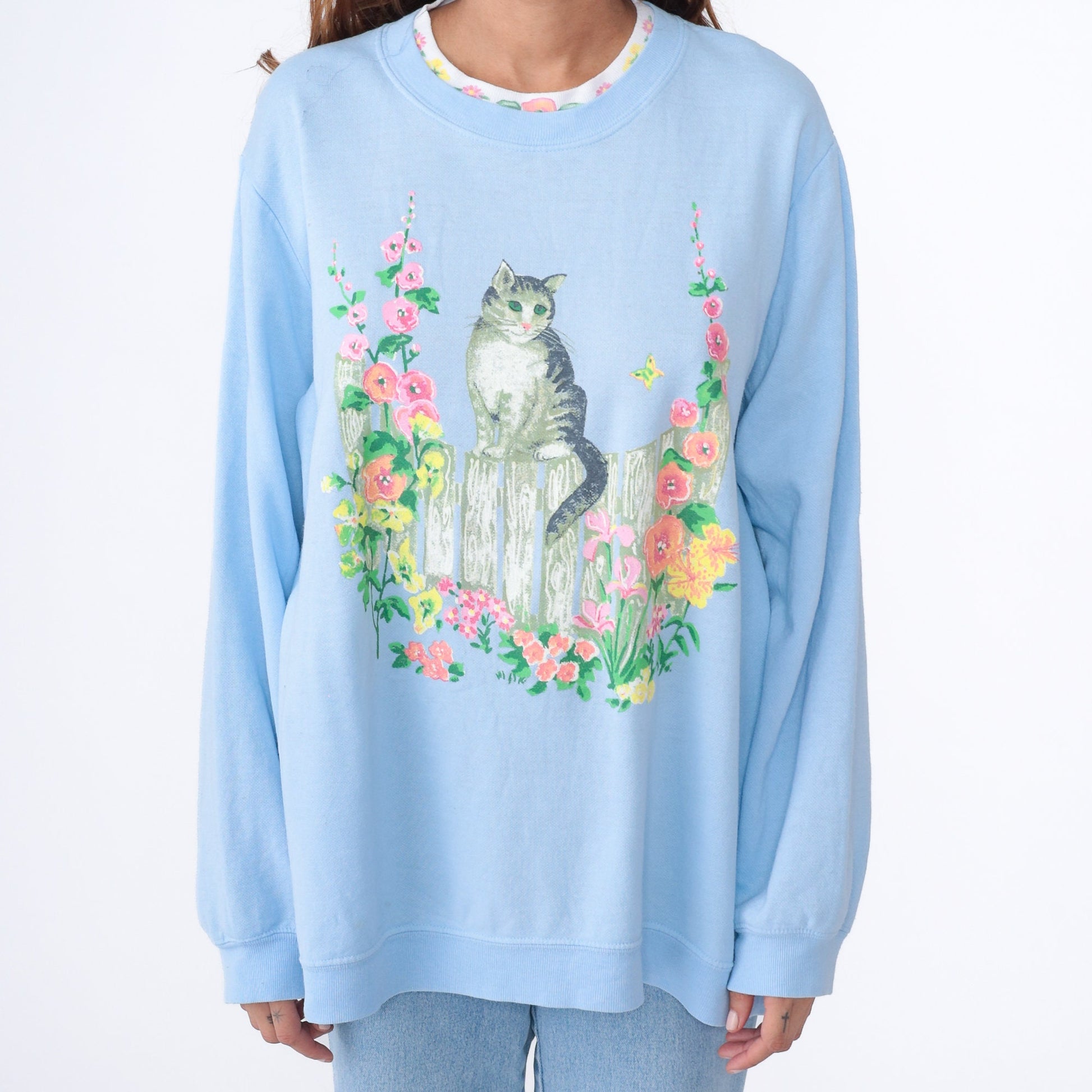 90s Cat Floral Garden Sweatshirt Baby Blue Graphic Crewneck Extra Large XXL