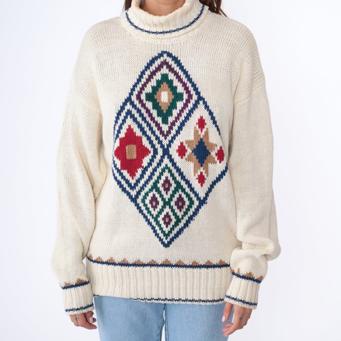 90s Liz Claiborne Geometric Turtleneck Sweater Off-White Jacquard Knit Medium