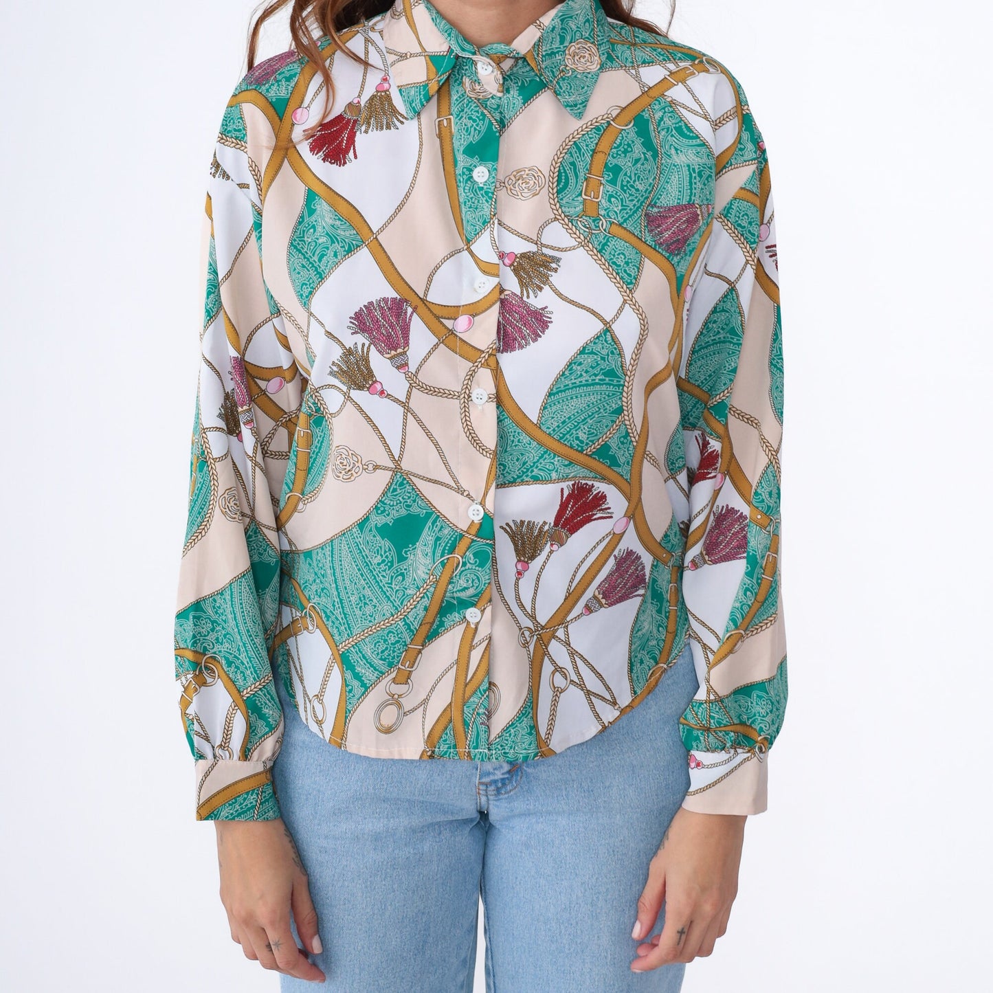 90s Equestrian Blouse Sea Green Paisley Horse Bridle Chain Print Button Up Medium