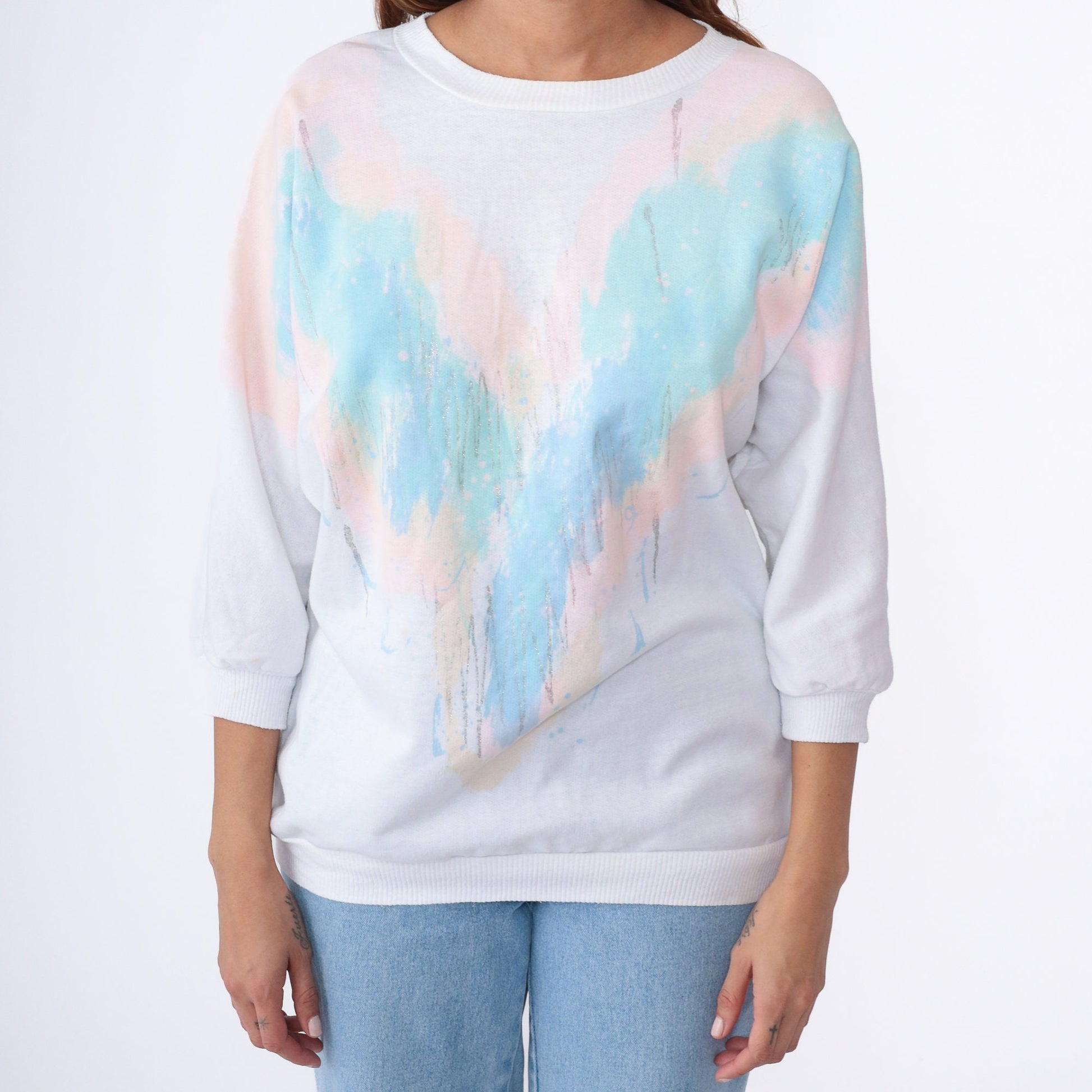 80s White Sweatshirt Pastel Chevron Glitter Paint Batwing Sleeve Medium