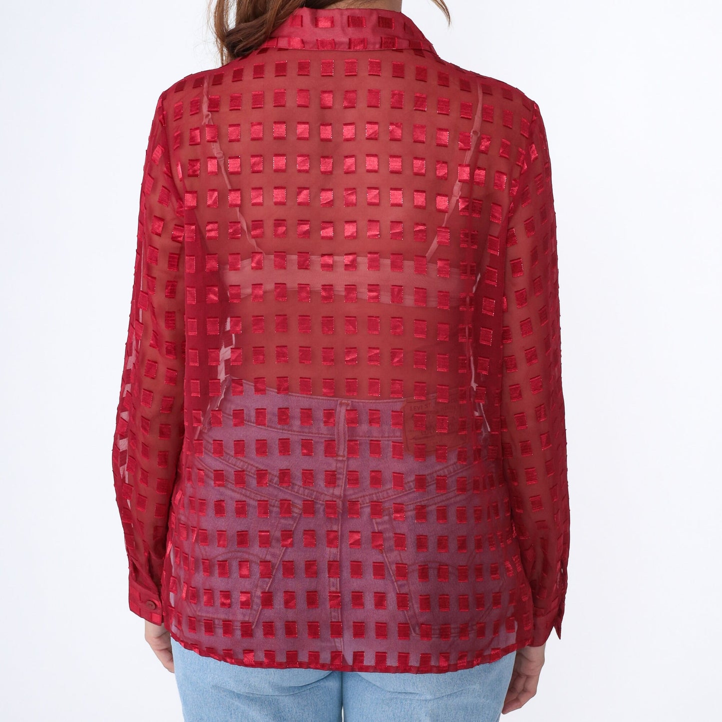 90s Red Metallic Grid Chiffon Button Up Blouse Long Sleeve Medium