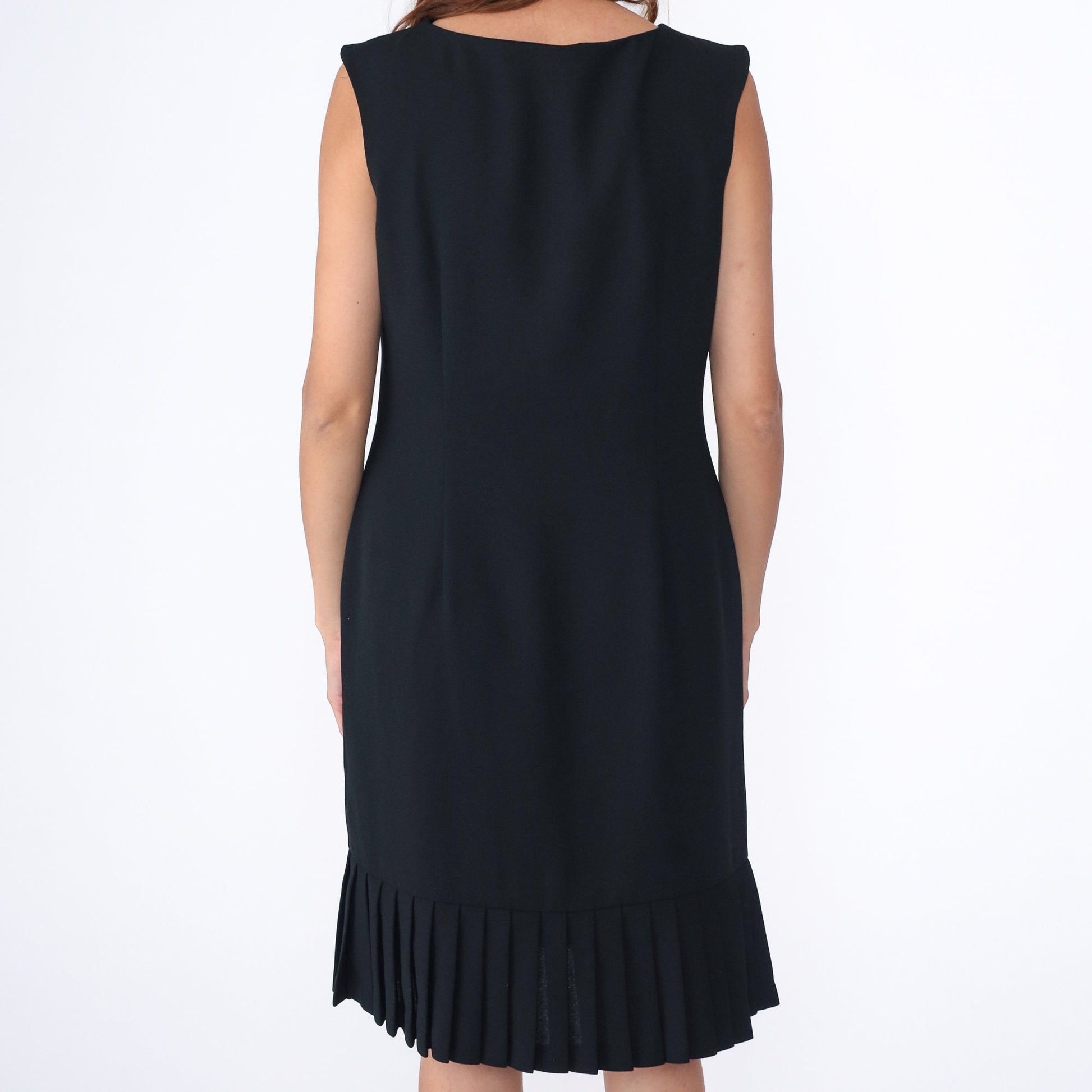 Y2K Black Sheath Dress Drop Waist Pleated Sleeveless Mini Large 12