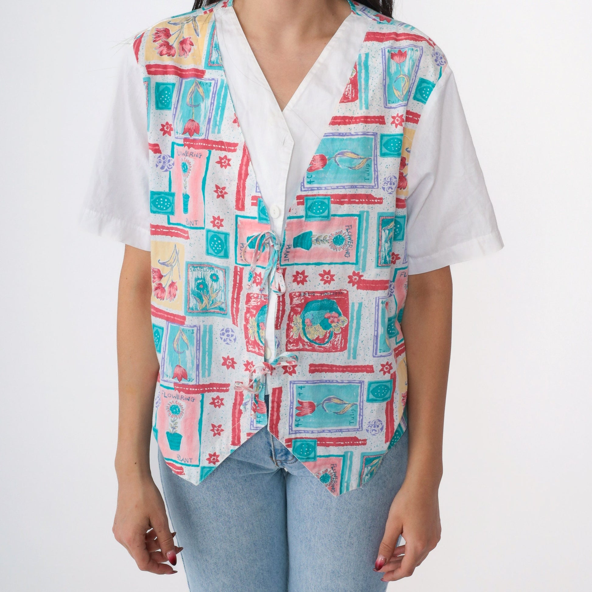 90s Floral Garden Print Button Up Blouse White Attached Vest Medium