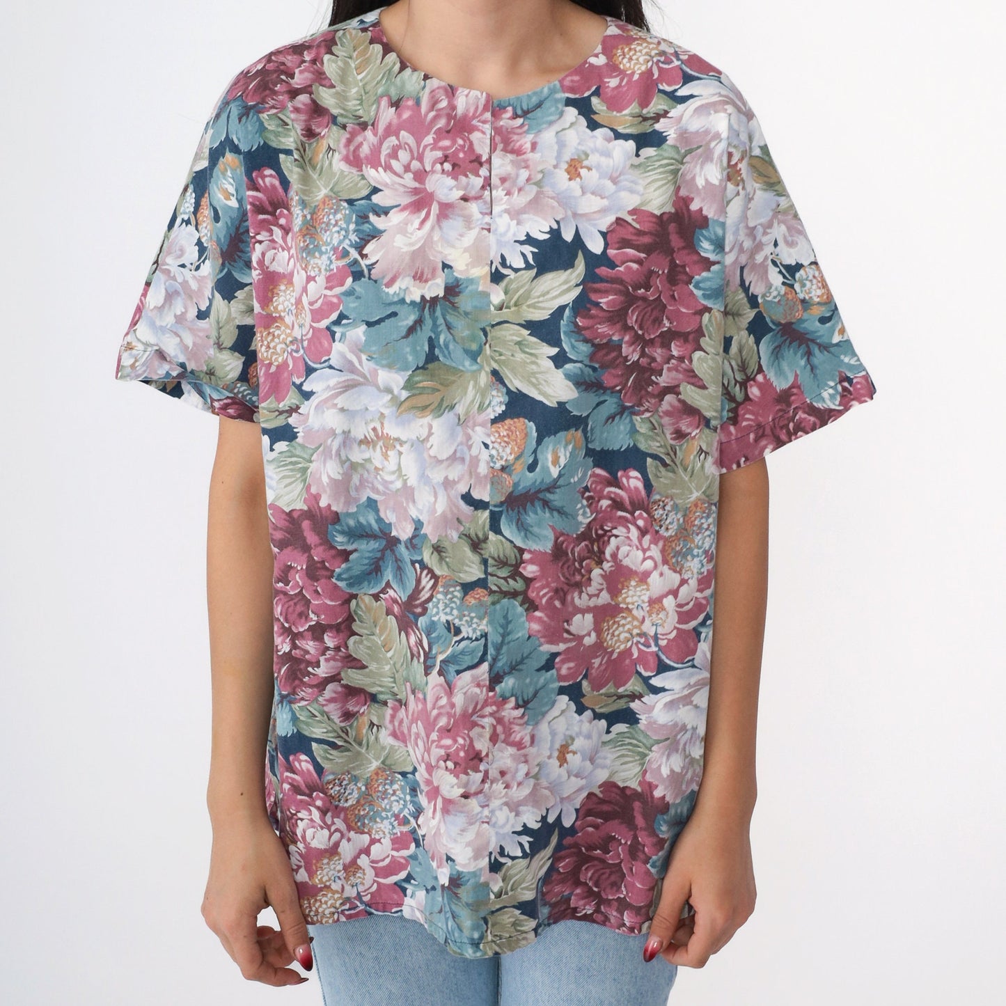 90s Floral Blouse Short Sleeve Slit Neckline Blue Purple Pink Medium Large