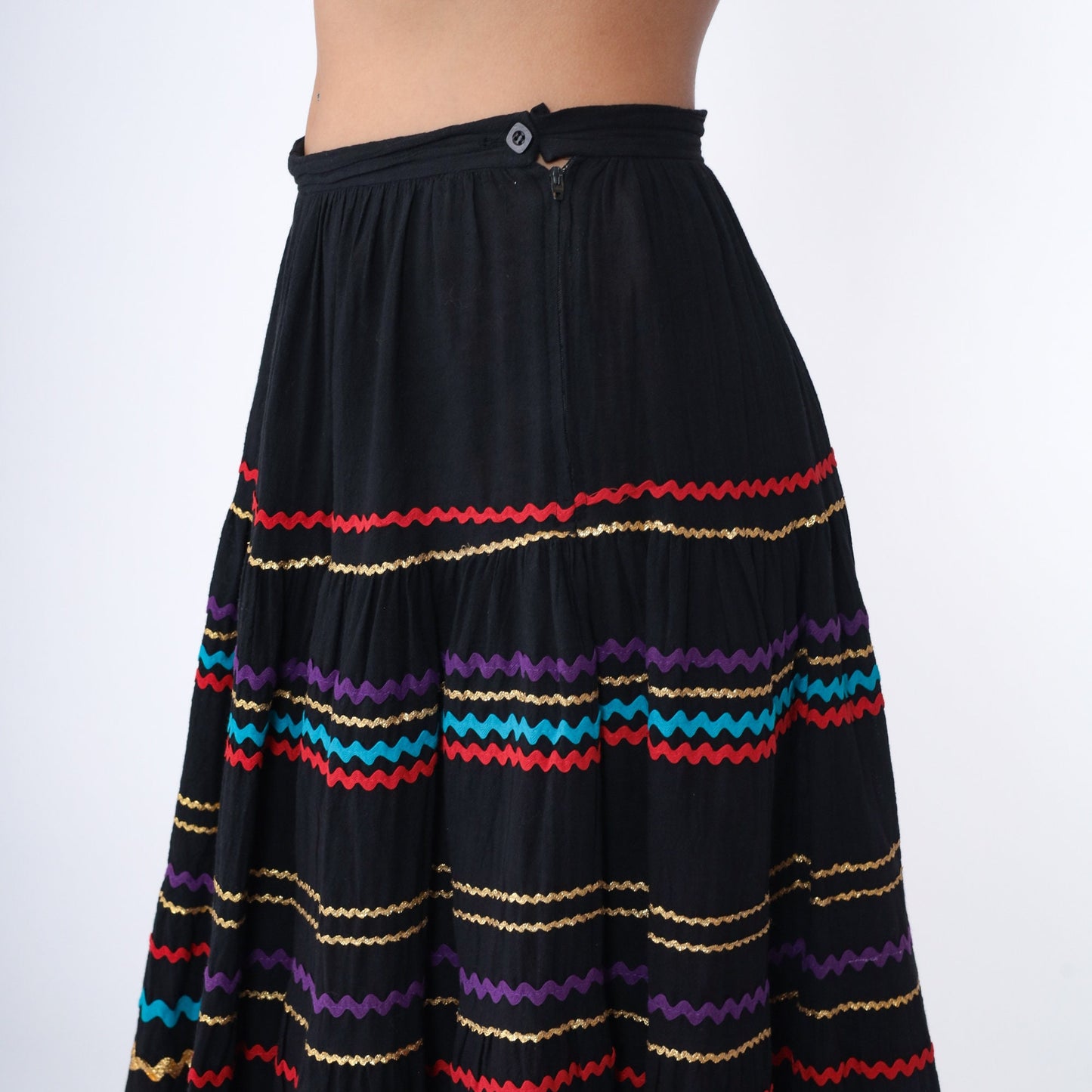 80s Goldwater's Midi Skirt Black Cotton Ric-Rac Striped High Waist Medium
