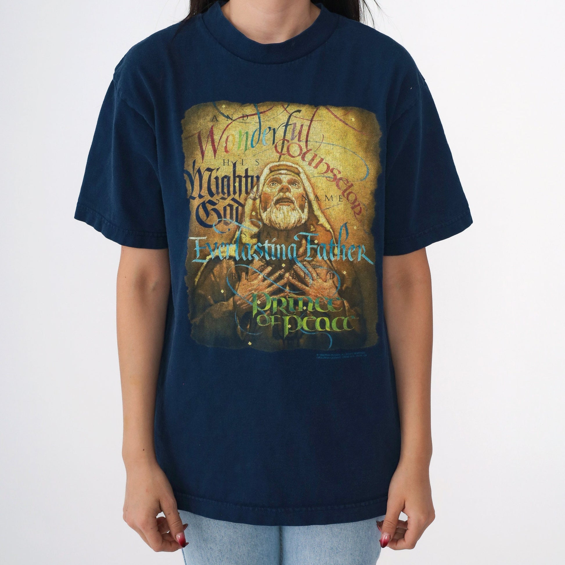 Y2K Jesus Christ Navy Graphic T-Shirt Wonderful Counselor Medium