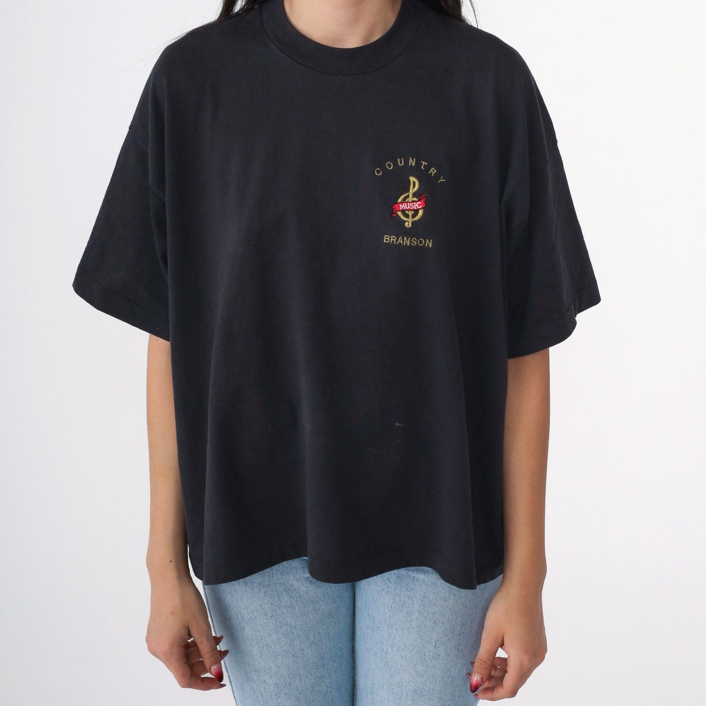 90s Branson Missouri Country Music Treble Clef Embroidered Tee Black Extra Large