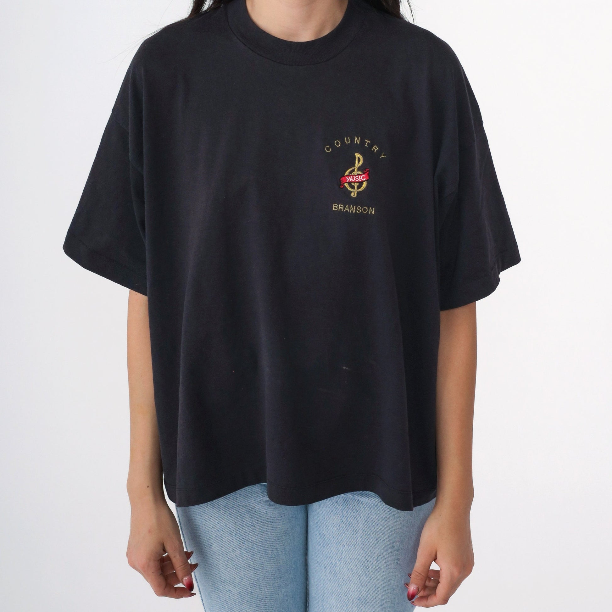 90s Branson Missouri Country Music Treble Clef Embroidered Tee Black Extra Large