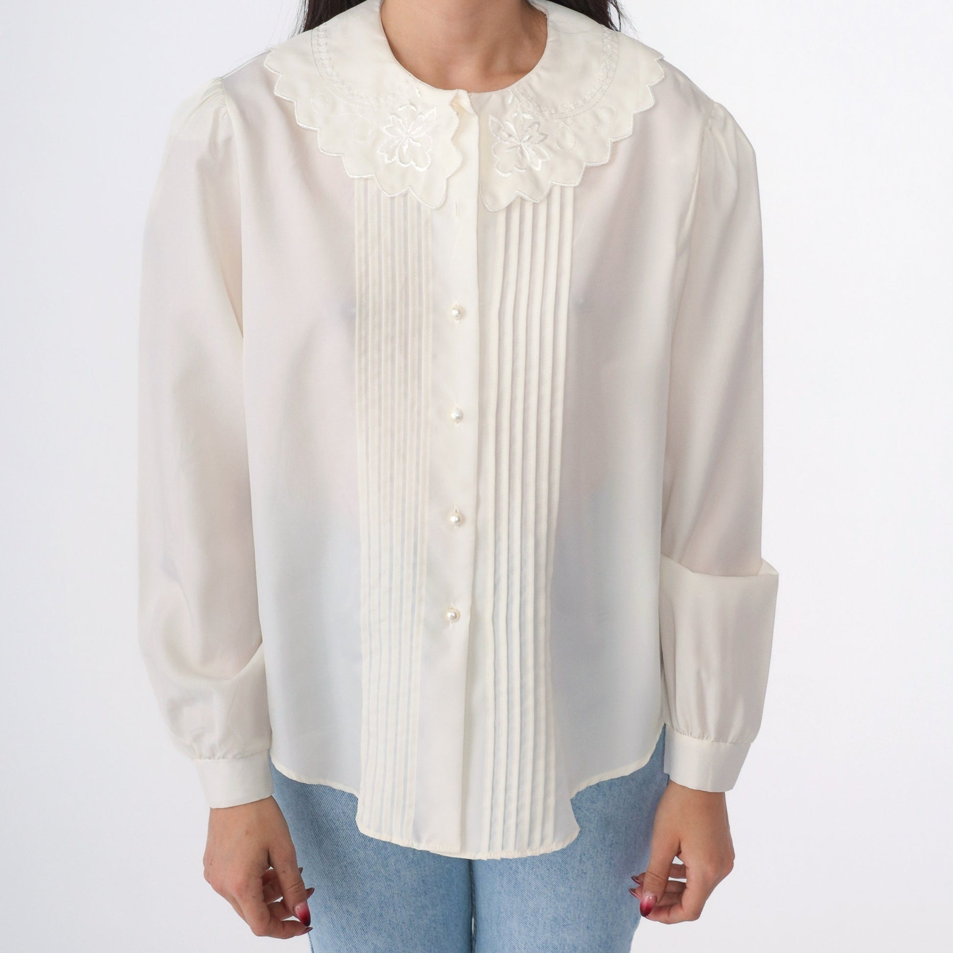 80s Peter Pan Collar Blouse Cream Button Up Floral Embroidery Puff Sleeve Medium Large