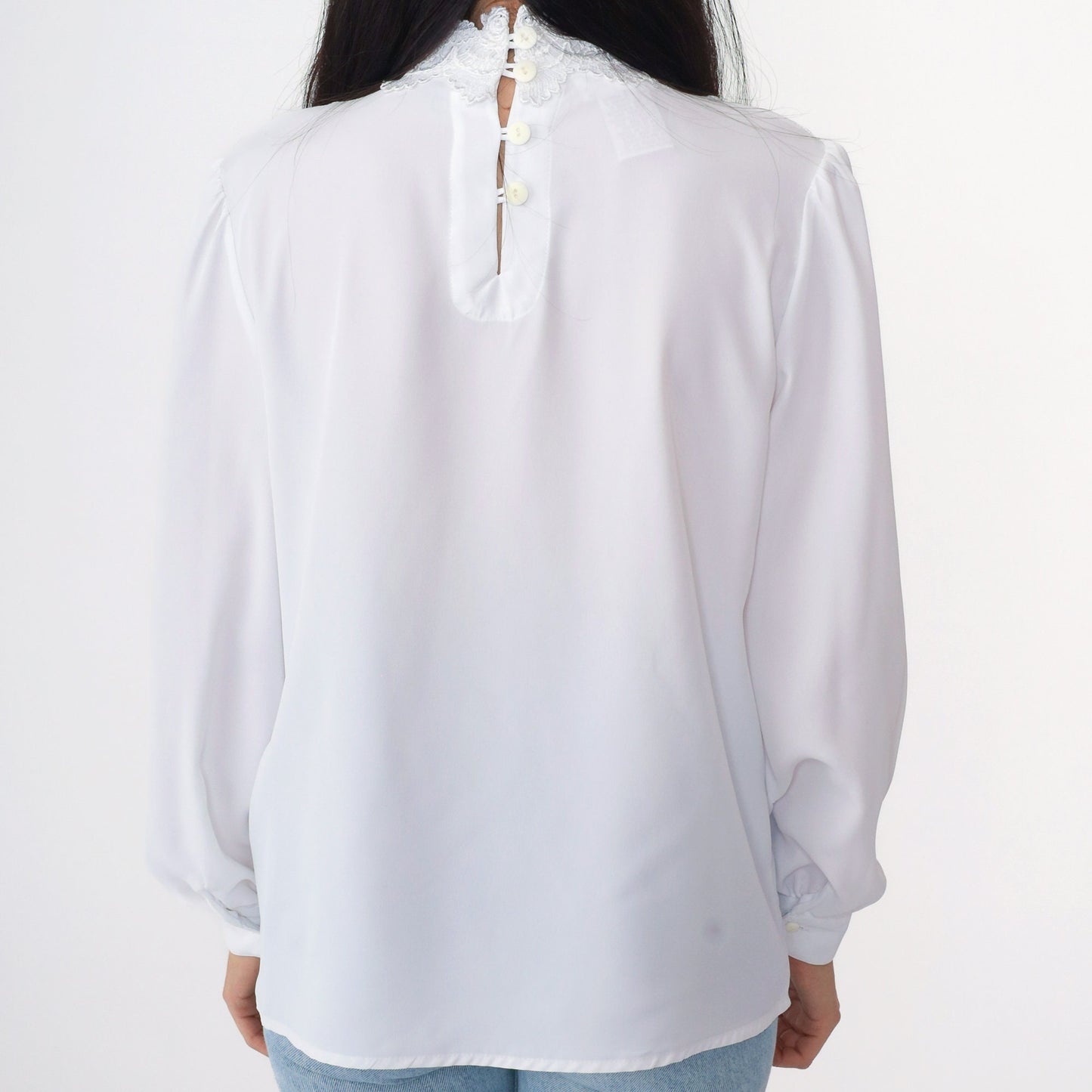 90s White Lace Collar Blouse Puff Sleeve Pleated Front Small