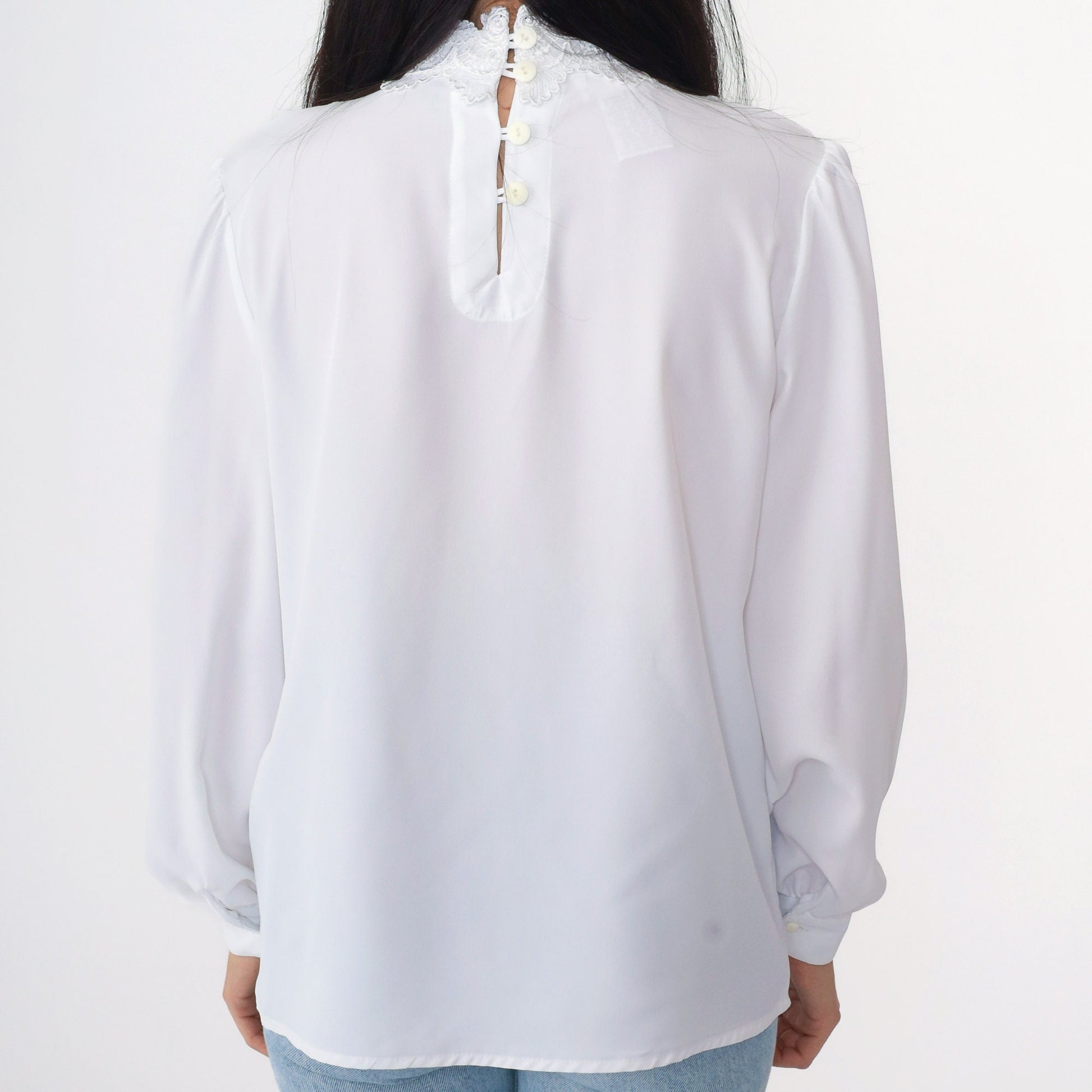 90s White Lace Collar Blouse Puff Sleeve Pleated Front Small