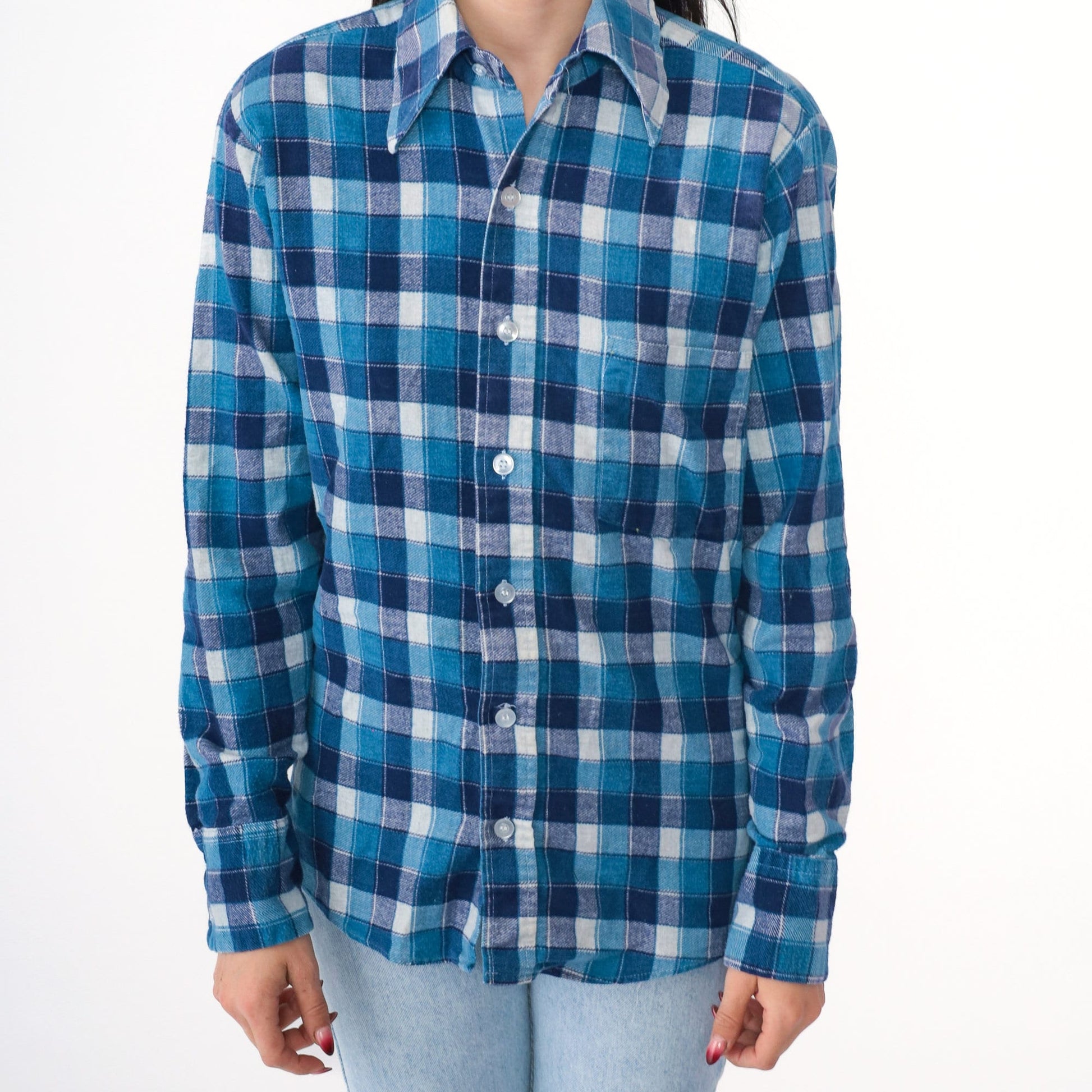 70s Mr. Wrangler Flannel Shirt Blue Navy Plaid Button Up Small