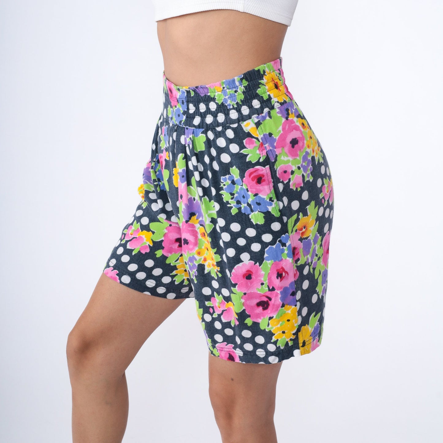 90s Polka Dot Floral Rayon Shorts High Waist Pleated White Small
