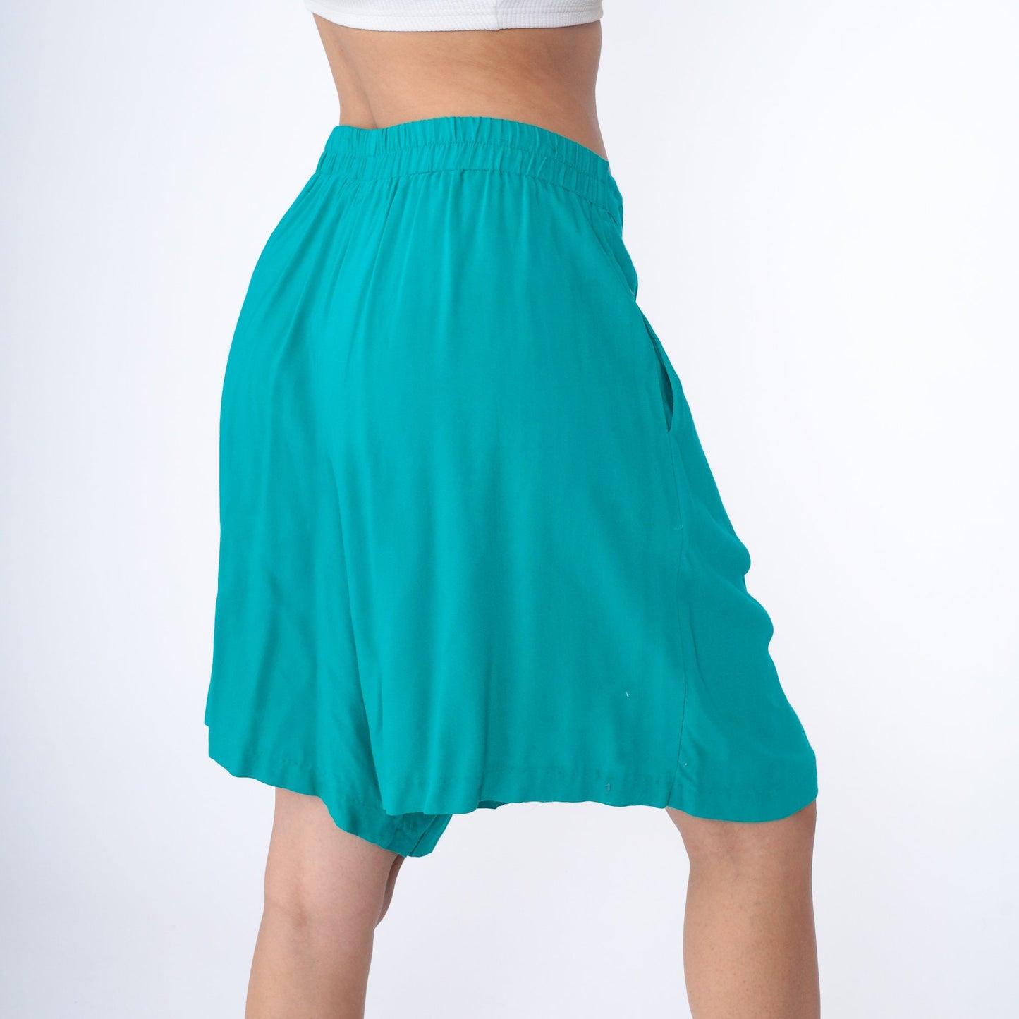 90s Teal Pleated Wide Leg Shorts High Waist Culotte Bermuda Large L