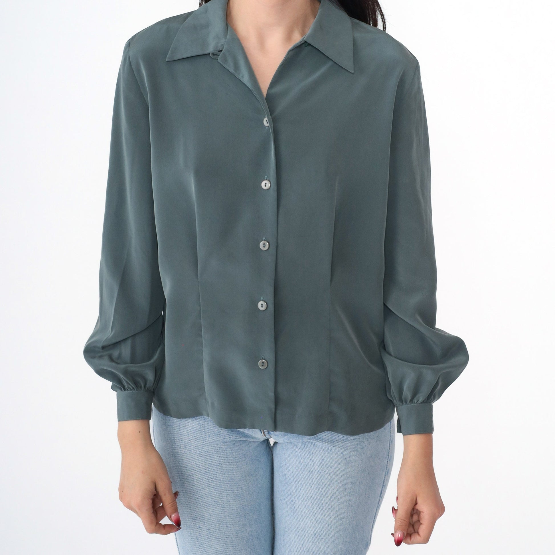 90s Liz Claiborne Grey Button-Up Blouse Long Sleeve Collared Shirt Extra Small XS