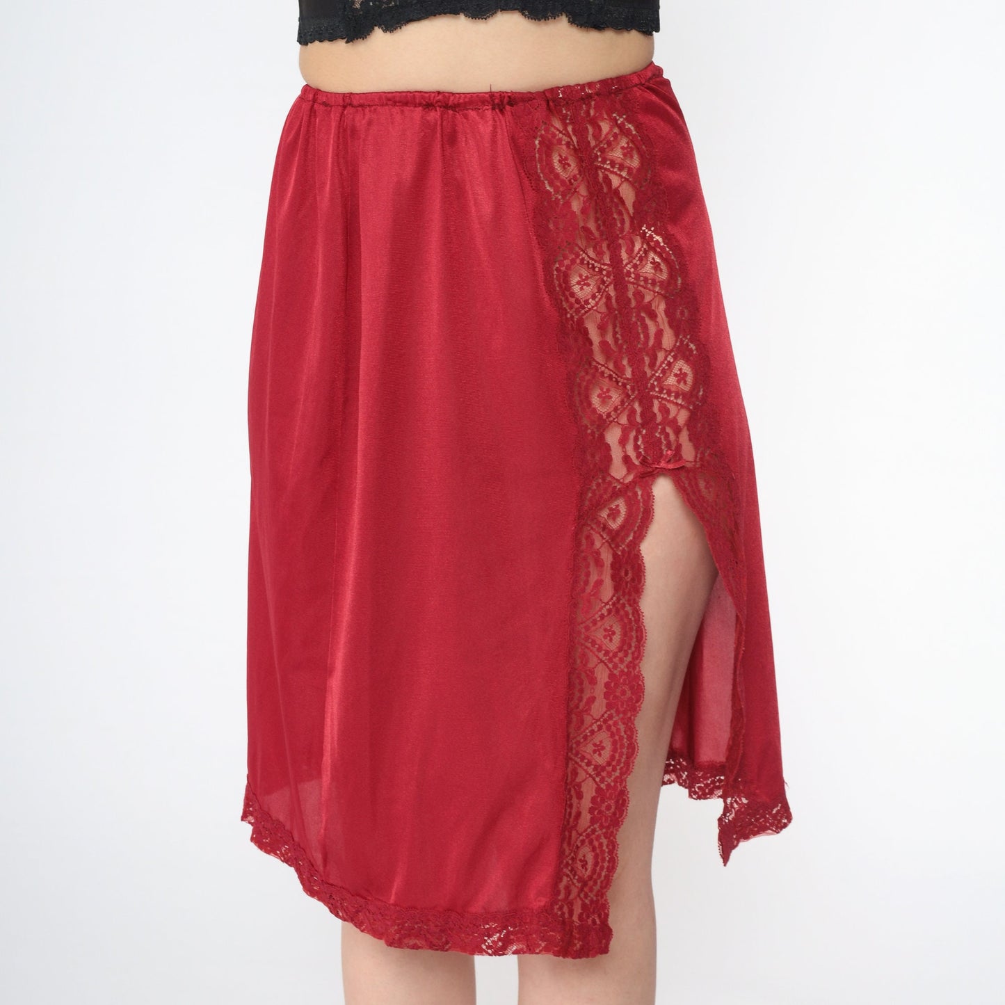 70s Vassarette Red Lace Half Slip Skirt High Waist Front Slit Medium