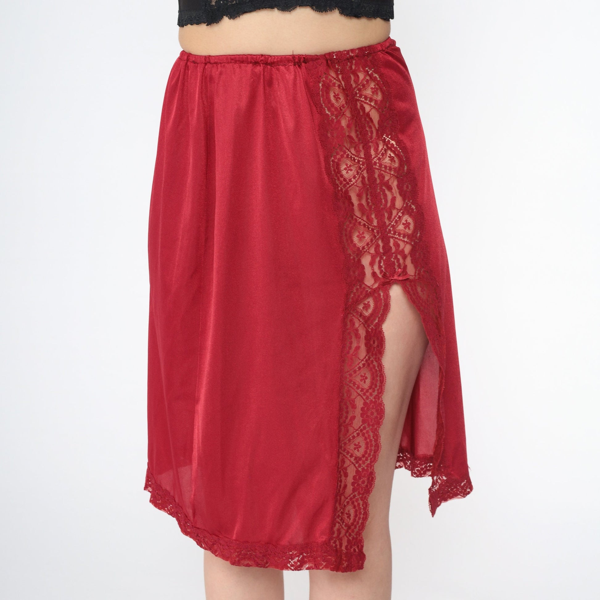 70s Vassarette Red Lace Half Slip Skirt High Waist Front Slit Medium