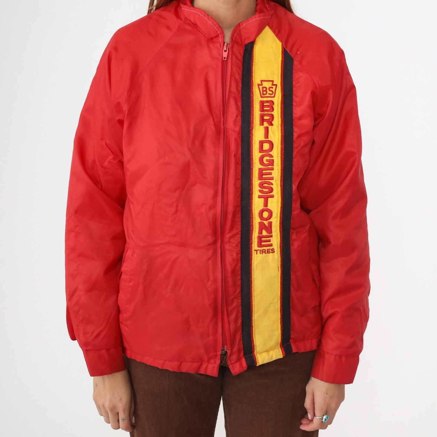 80s Bridgestone Tires Windbreaker Red Yellow Stripe Nylon Raglan Medium