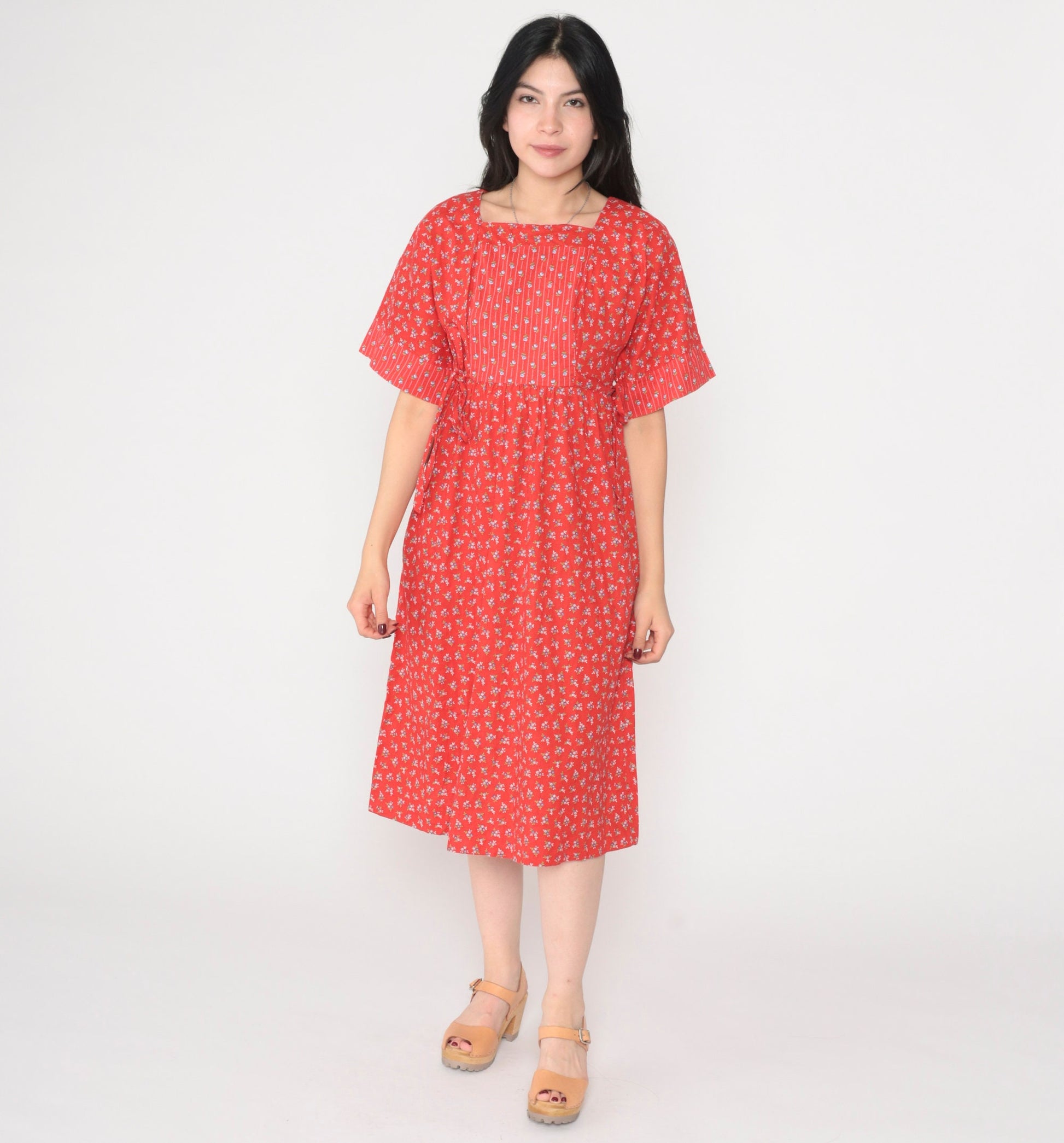 70s Lanz Original Red Floral Calico Midi Dress Empire Waist Tie Short Sleeve Extra Small