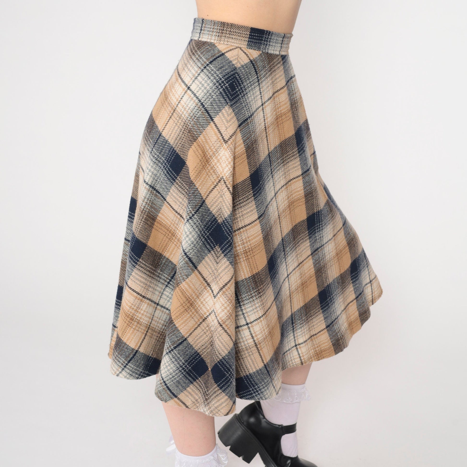 70s Plaid Midi Skirt High Waisted A-Line Tartan Navy Tan Extra Small
