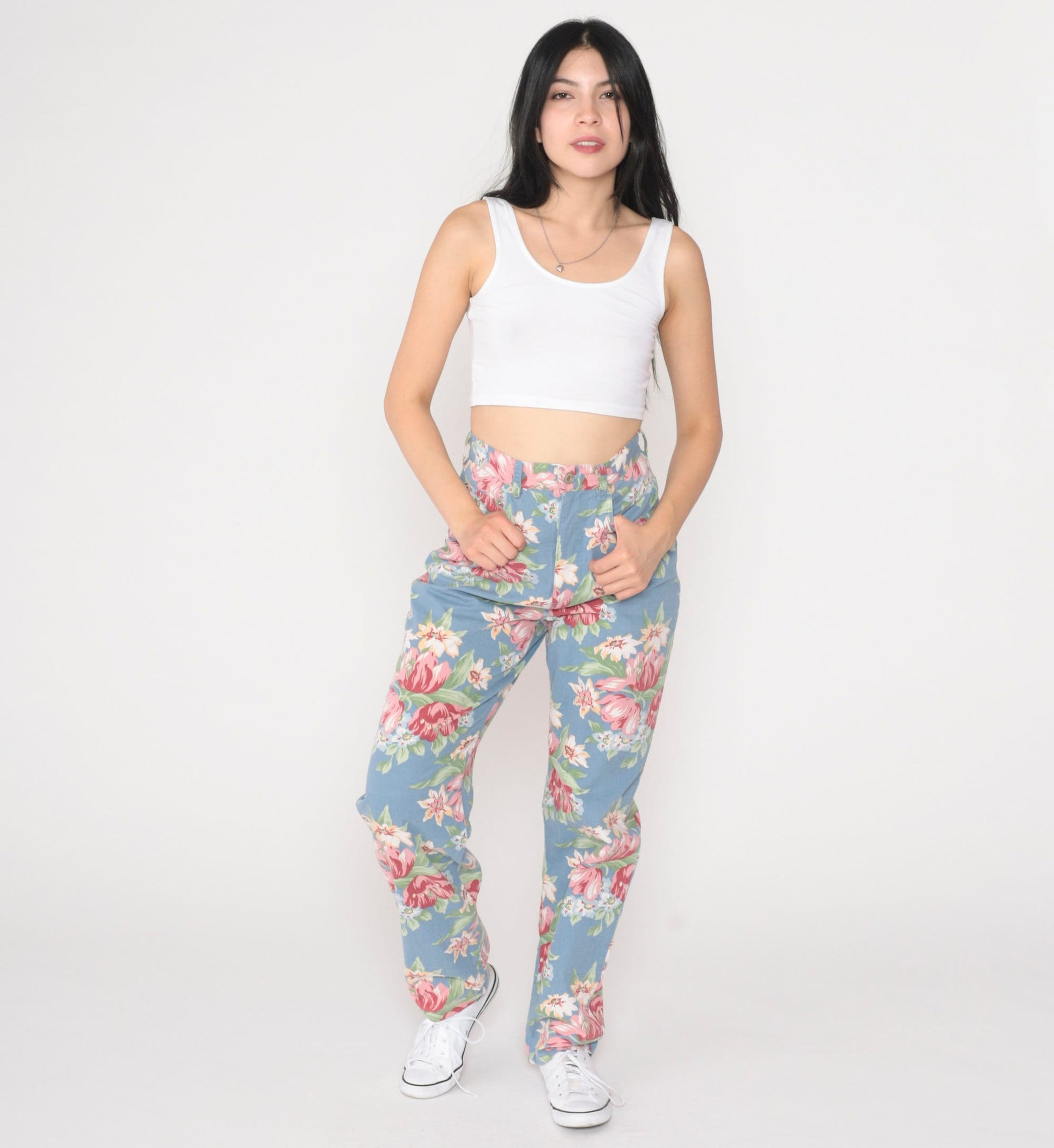 90s Blue Floral High-Waisted Straight Tapered Trousers Extra Small