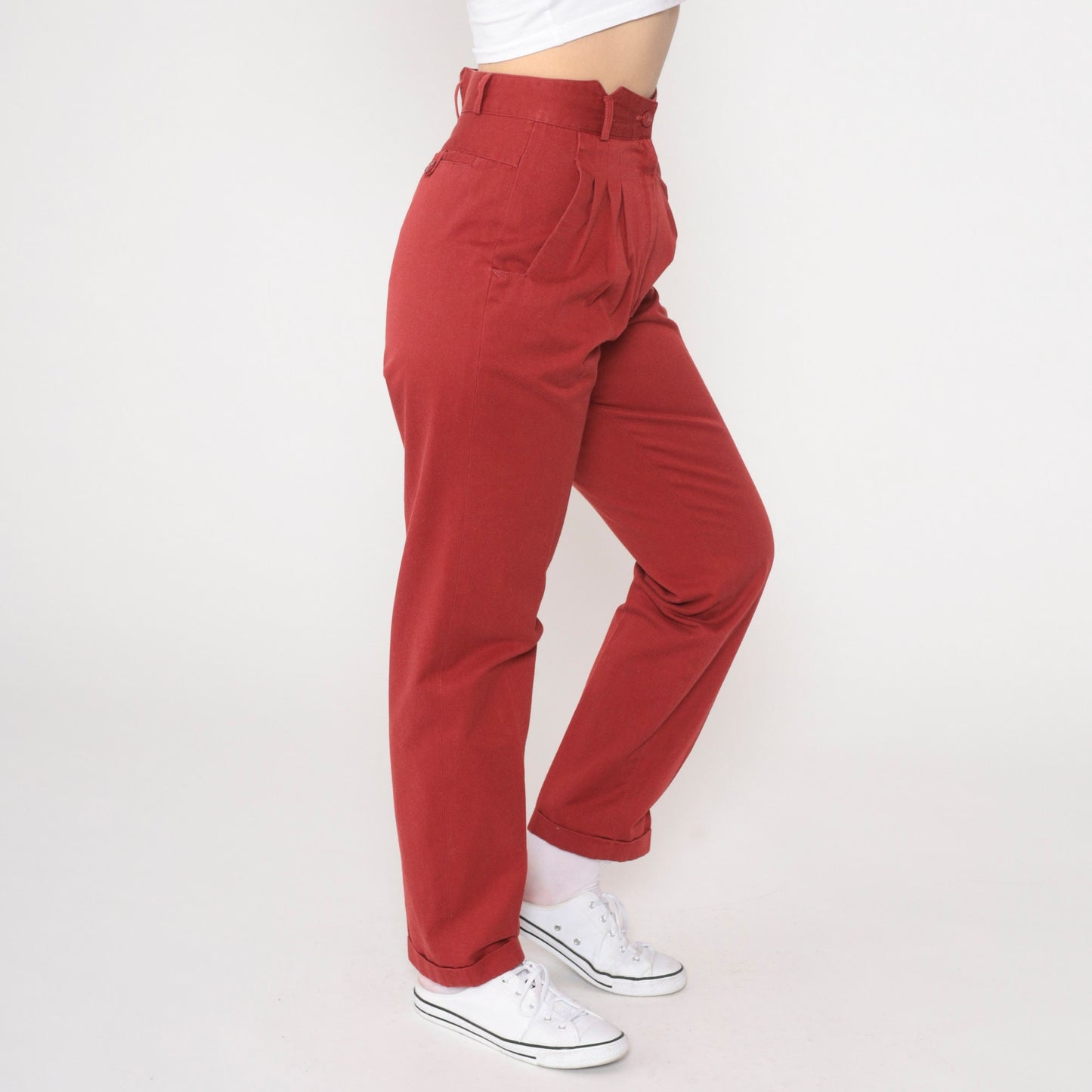 80s Red Pleated High-Waisted Tapered Trousers Extra Small XS