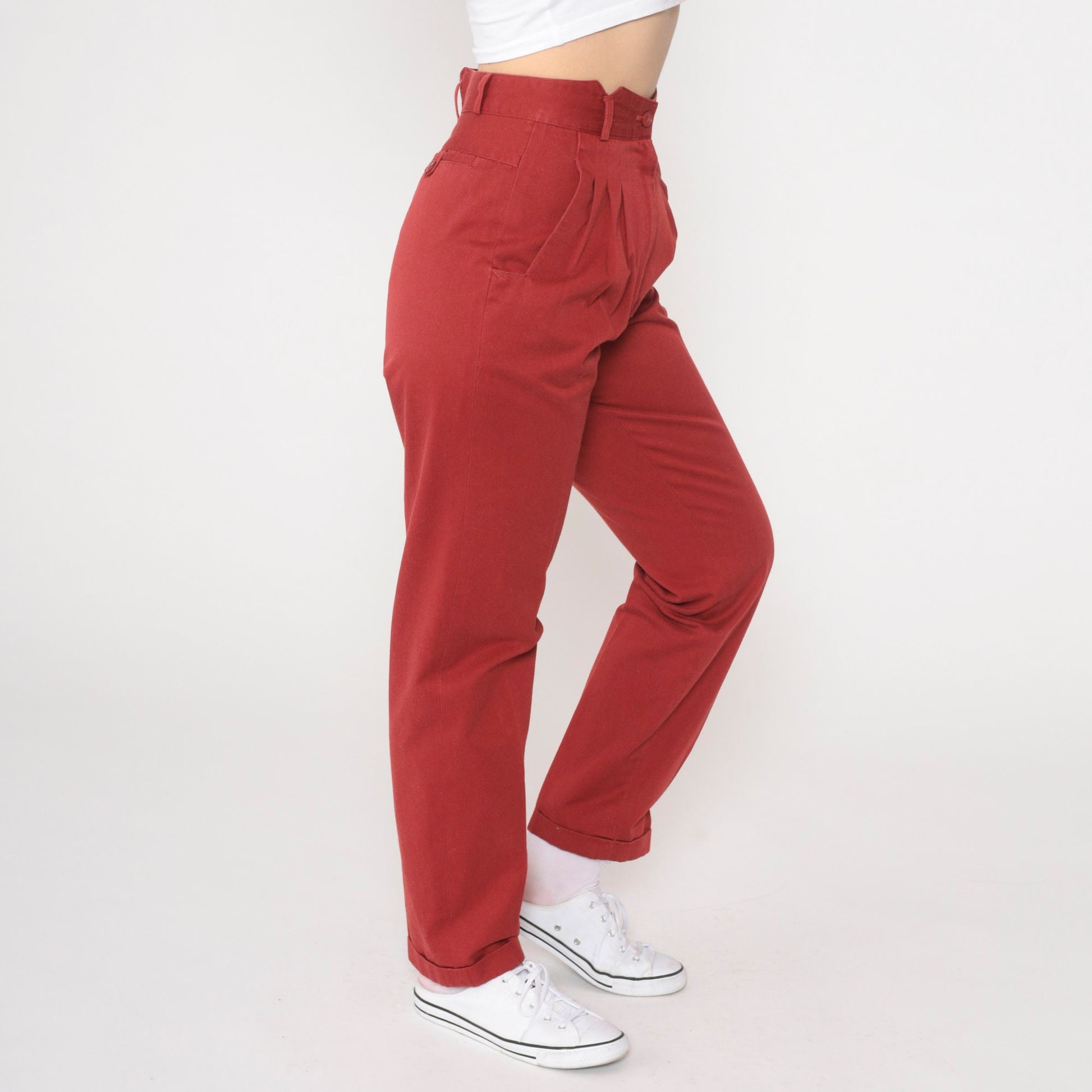 80s Red Pleated High-Waisted Tapered Trousers Extra Small XS