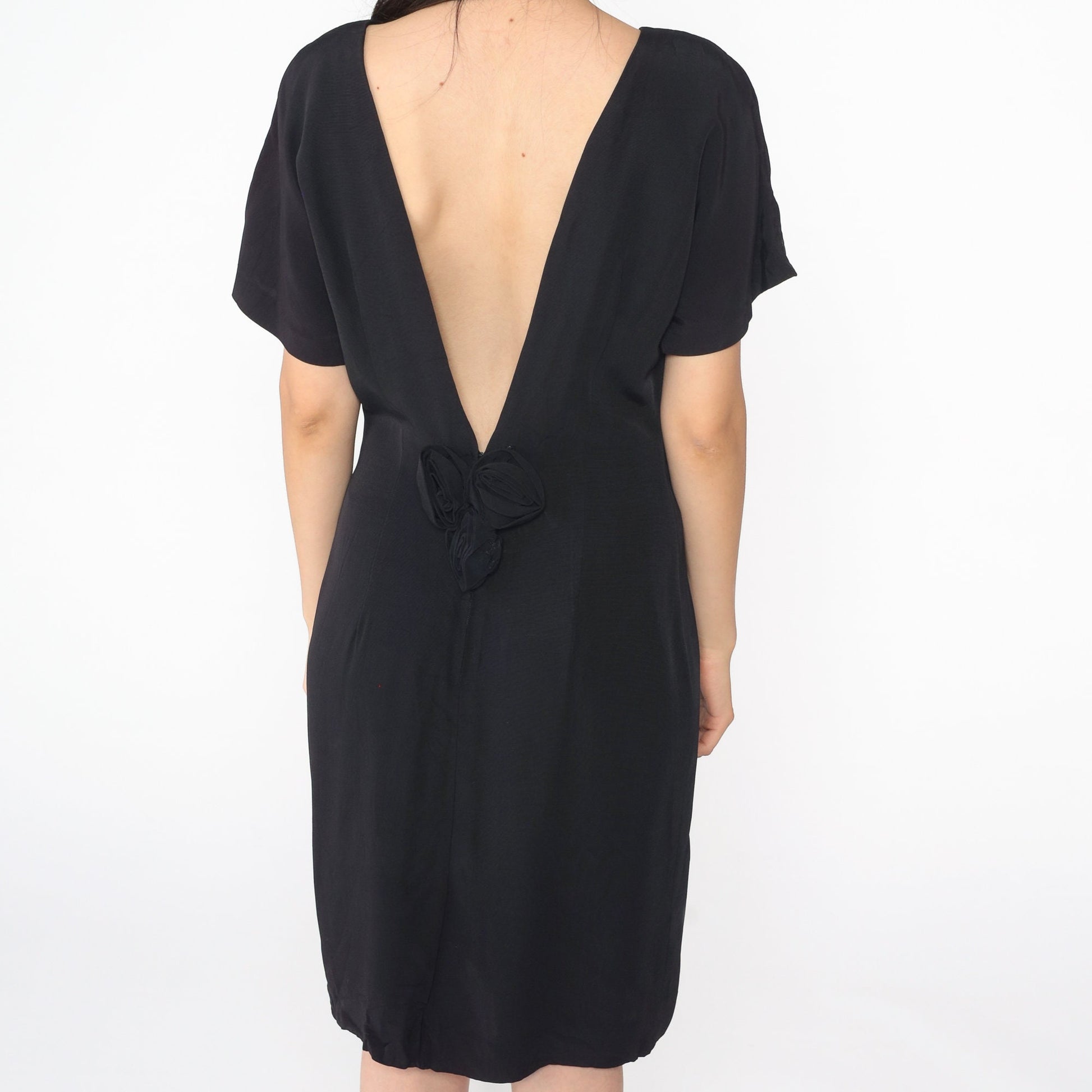 90s Black Midi Dress Deep V Back Sheath Short Sleeve Small