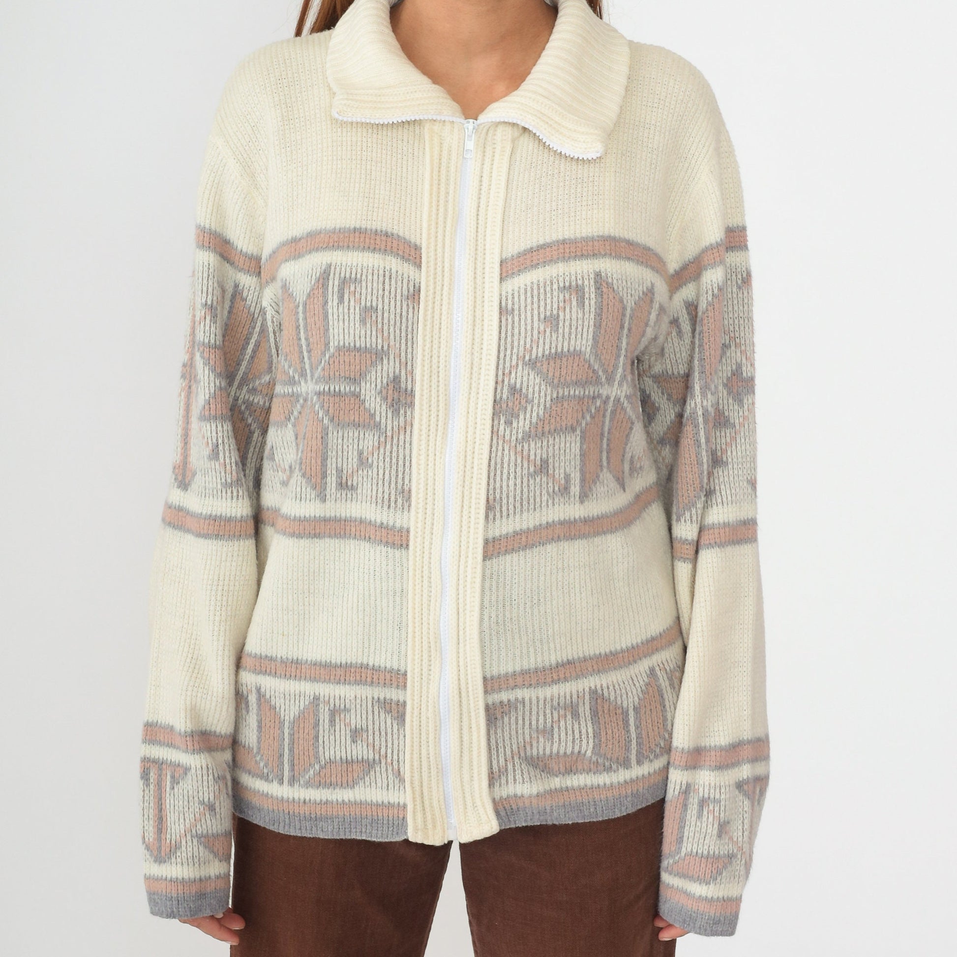 80s Nordic Snowflake Zip Cardigan Cream Fair Isle Knit Medium