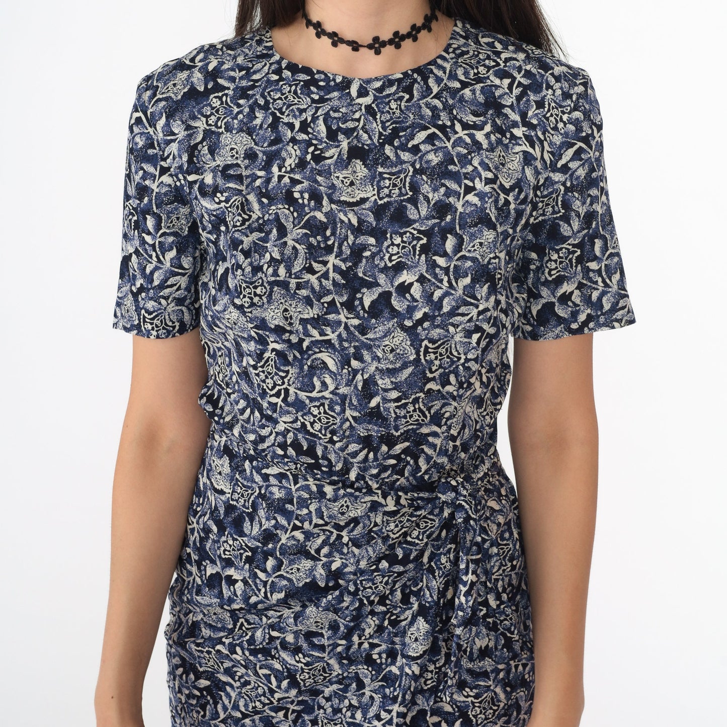 90s Floral Rayon Mini Dress Blue Wrap Tie Skirt Short Sleeve Small 4