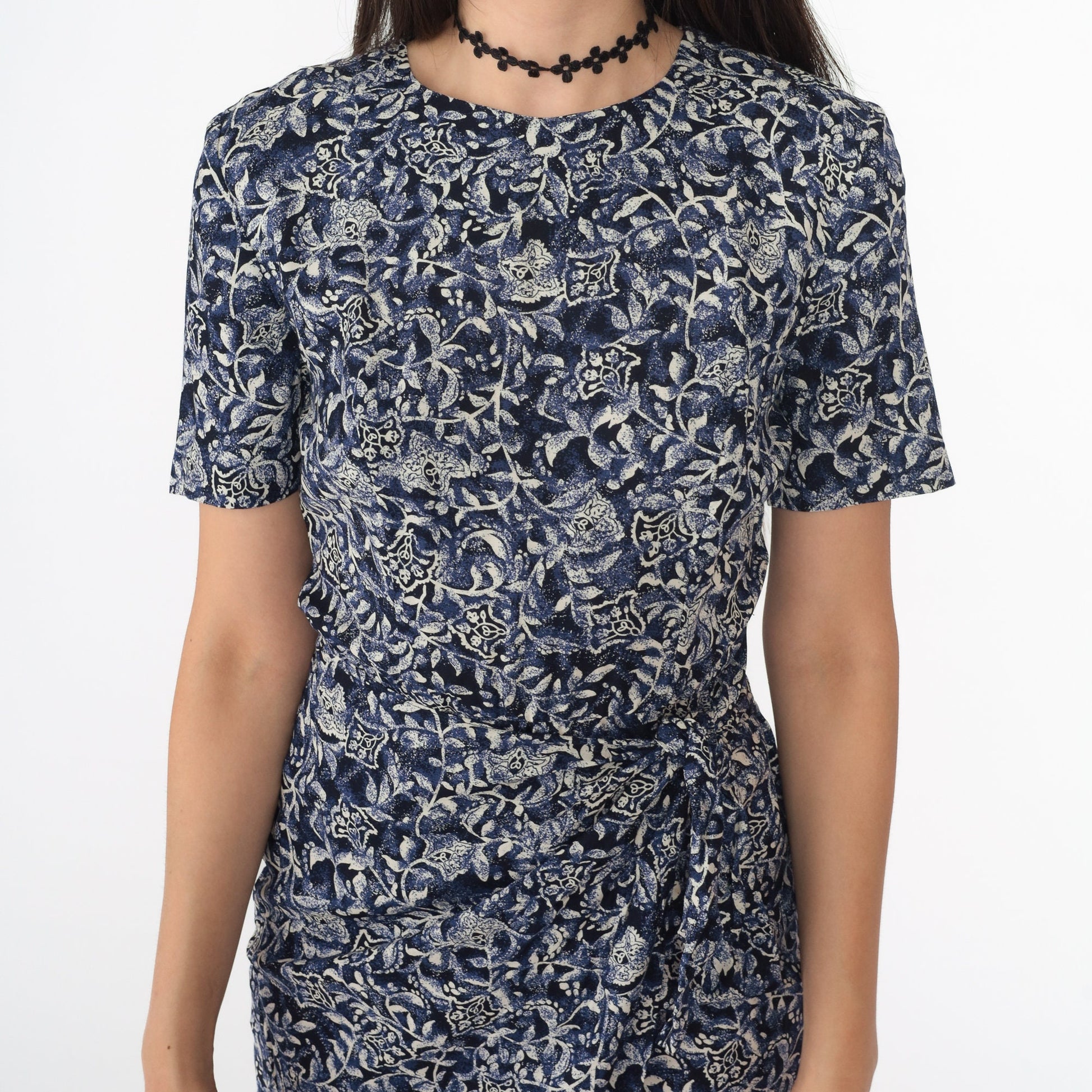 90s Floral Rayon Mini Dress Blue Wrap Tie Skirt Short Sleeve Small 4