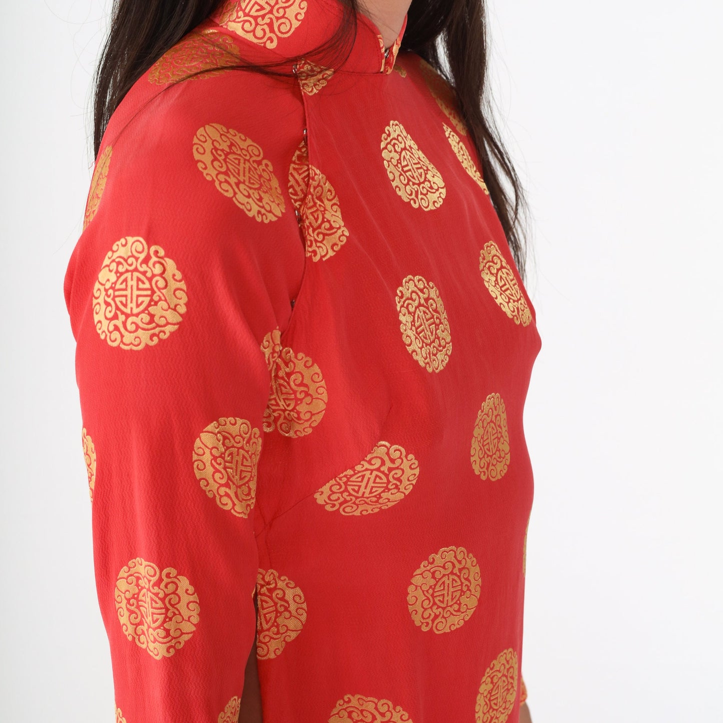 Y2K Ao Dai Dress Red Gold Medallion Print Mandarin Collar Midi Extra Small