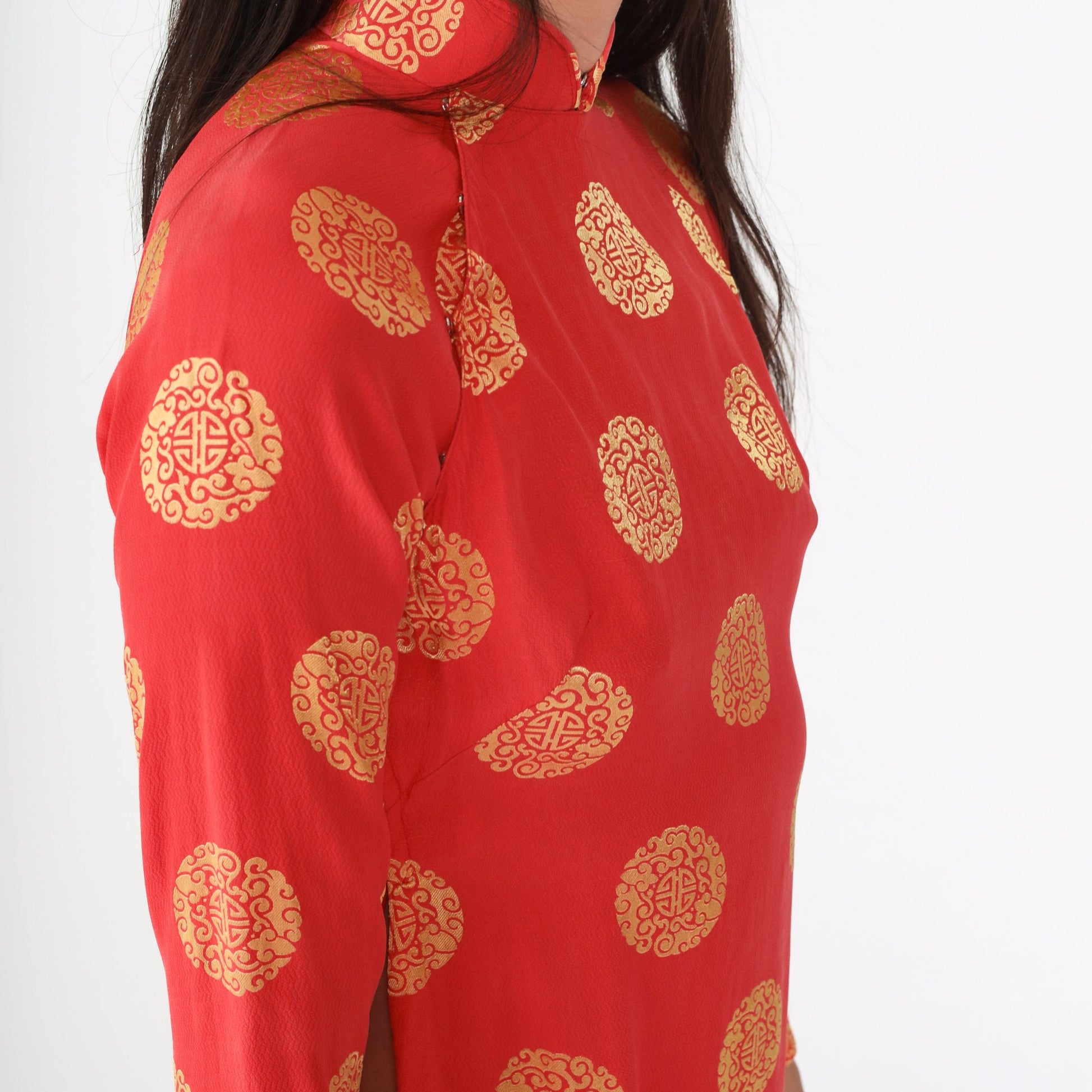 Y2K Ao Dai Dress Red Gold Medallion Print Mandarin Collar Midi Extra Small