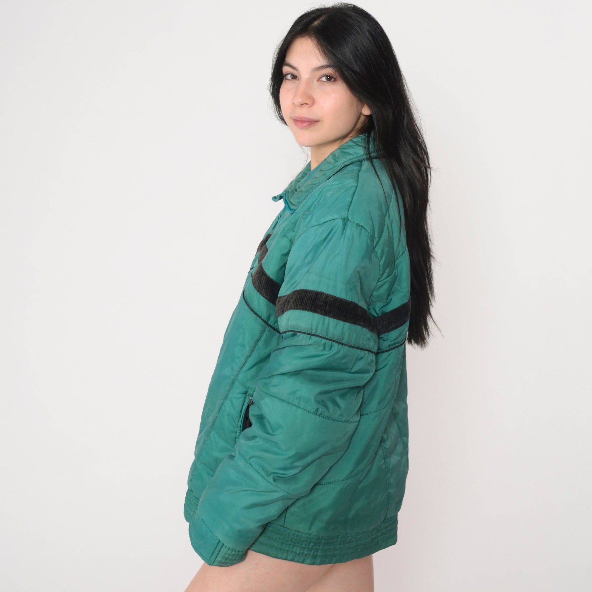 70s Green Puffer Ski Jacket Black Stripe Zip Nylon Insulated Large