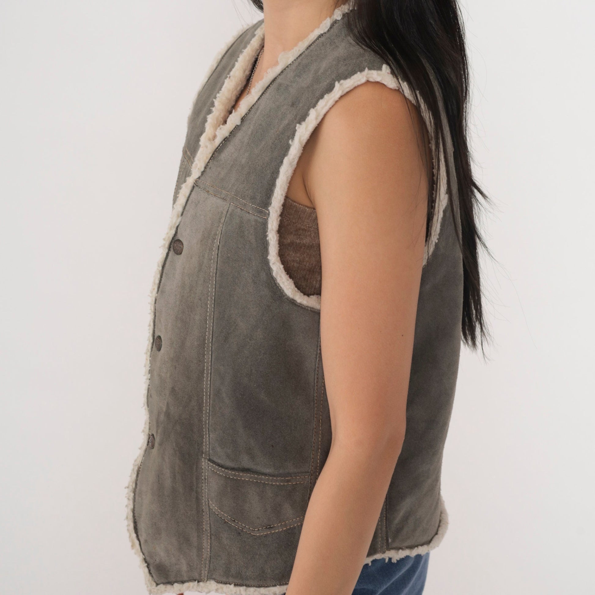 80s Grey Suede Vest Faux Shearling Lined Snap Front Sleeveless Medium