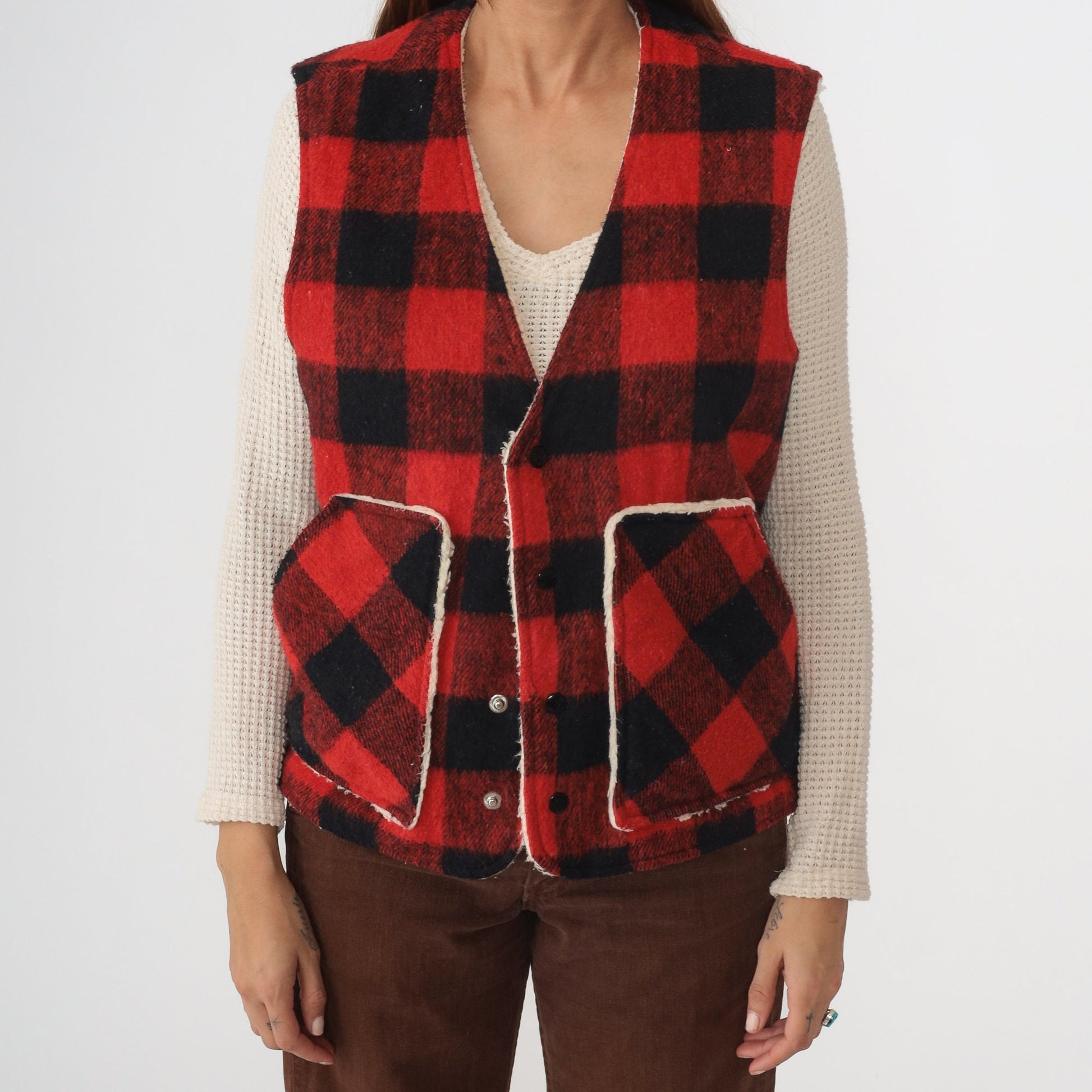 80s Buffalo Plaid Wool Vest Sherpa Lined Snap Button Red Lumberjack Large