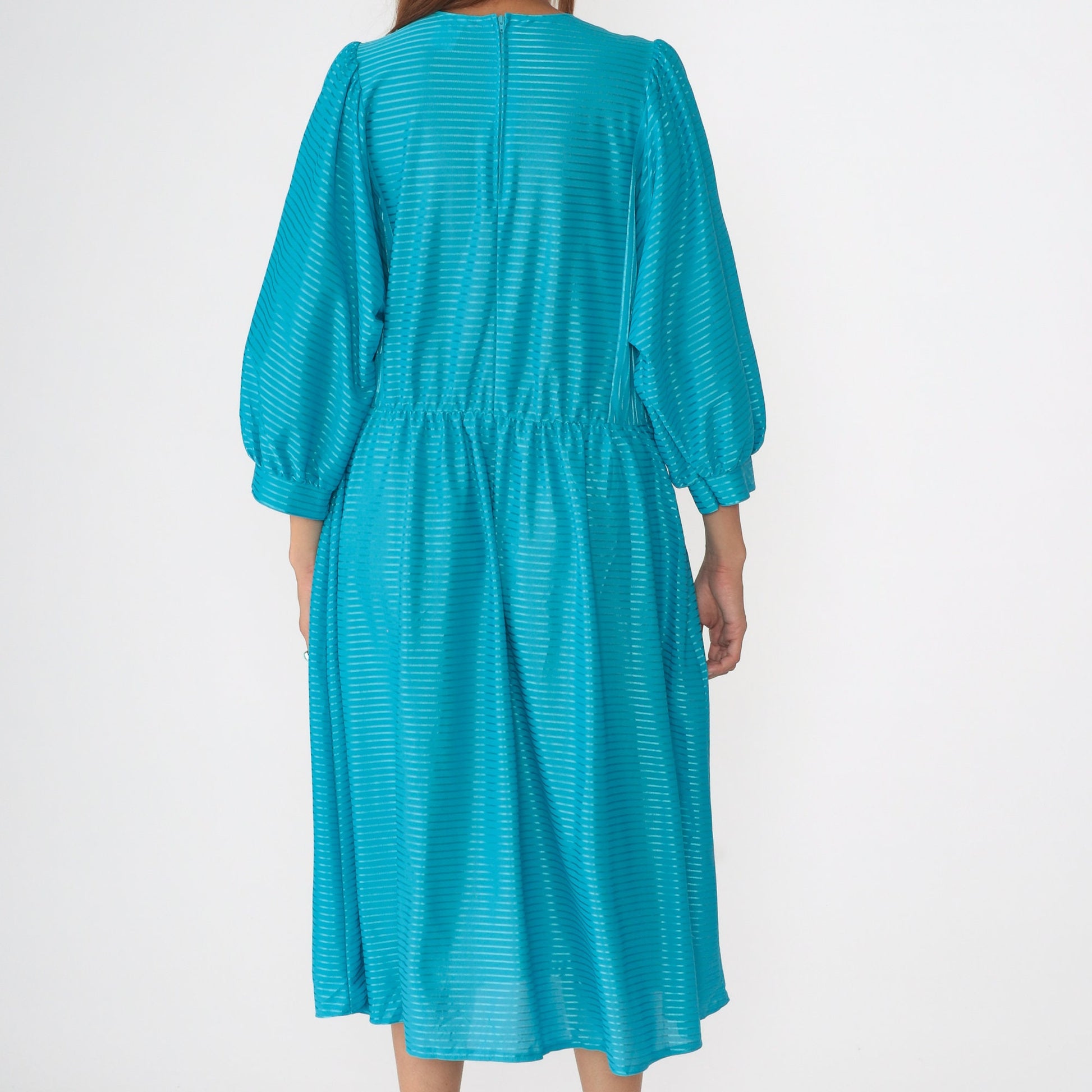 80s Turquoise Striped Midi Dress Dolman Sleeve High Waist Large