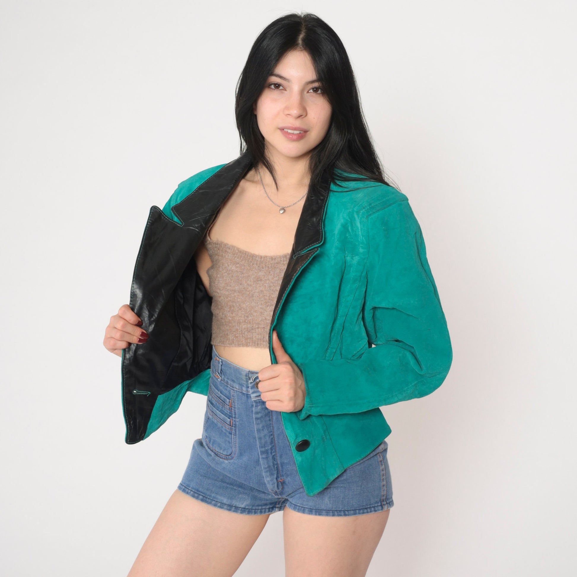 90s Teal Suede Blazer Black Leather Collar Single Button Medium M