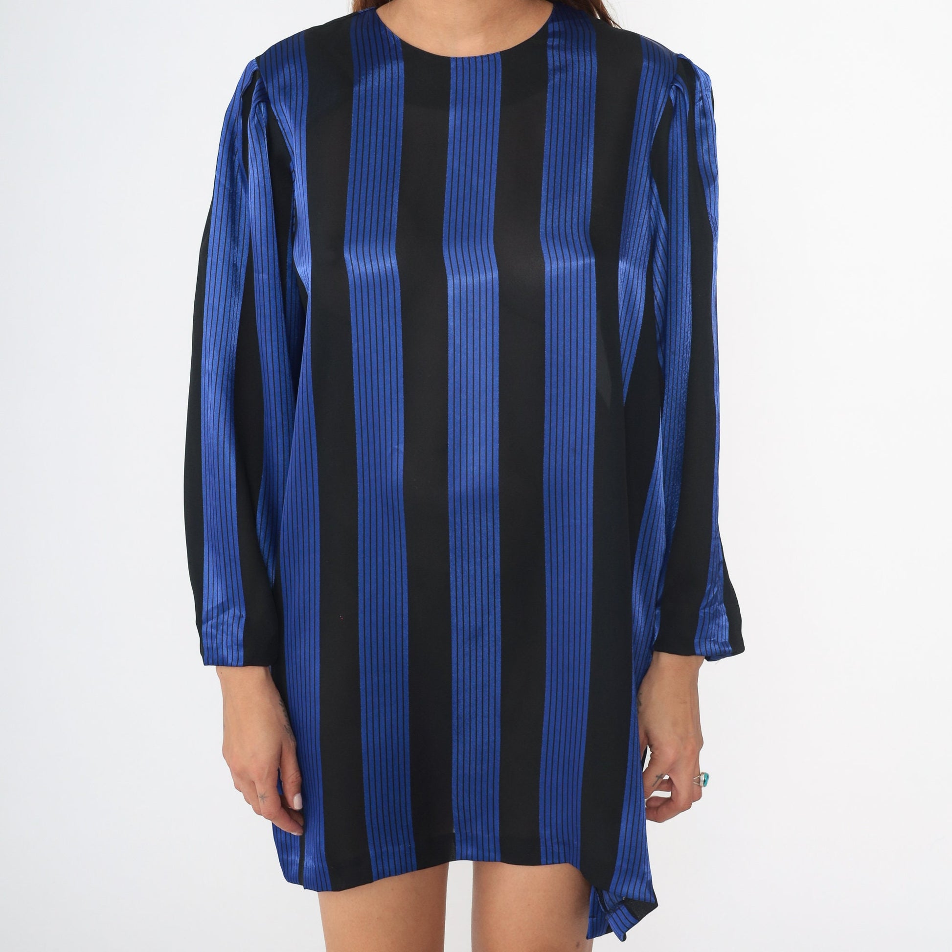 80s Shiny Blue Black Striped Shift Dress Puff Sleeve Side Buttons Large