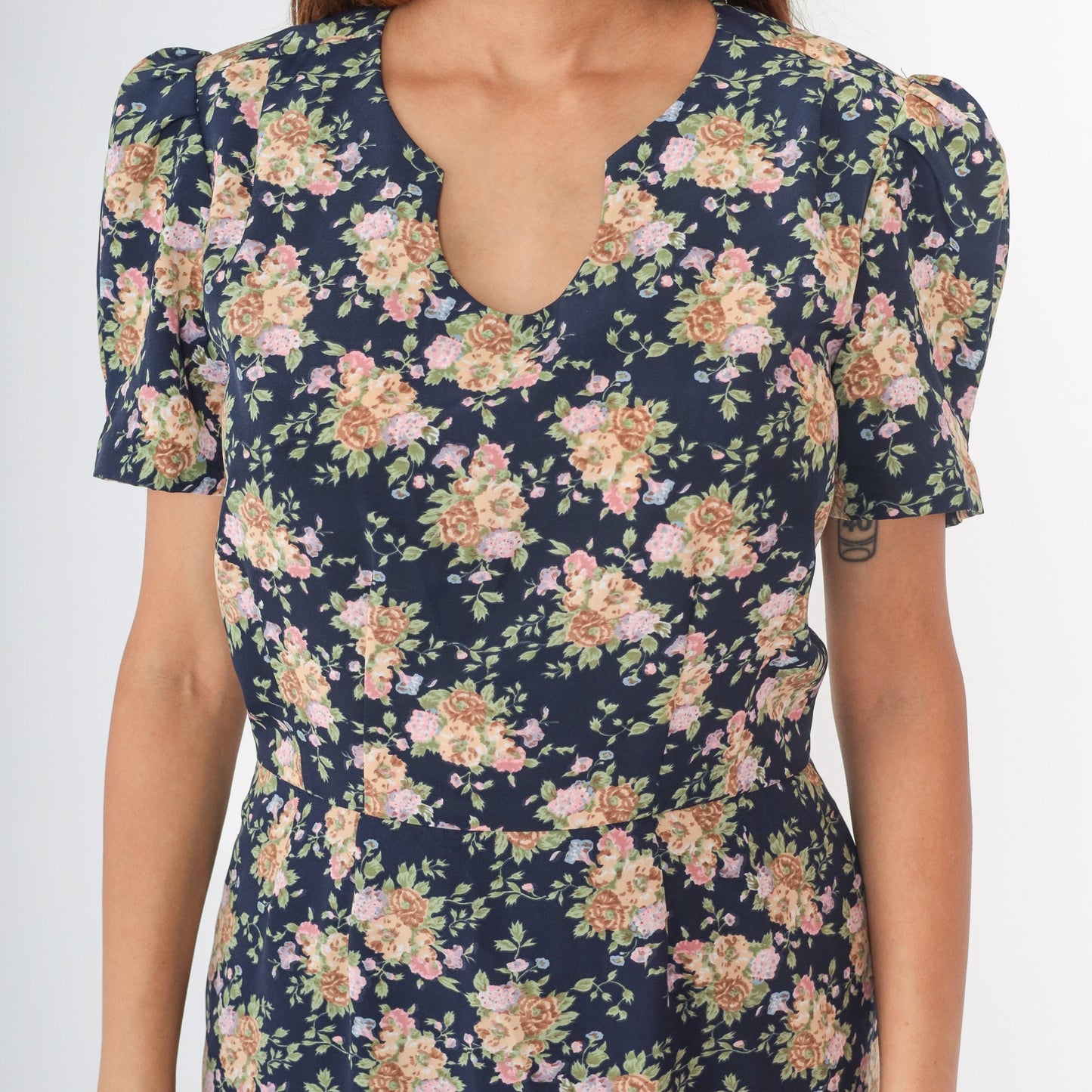 80s Navy Floral Puff Sleeve Dress U-Neck Sheath Midi Medium 8