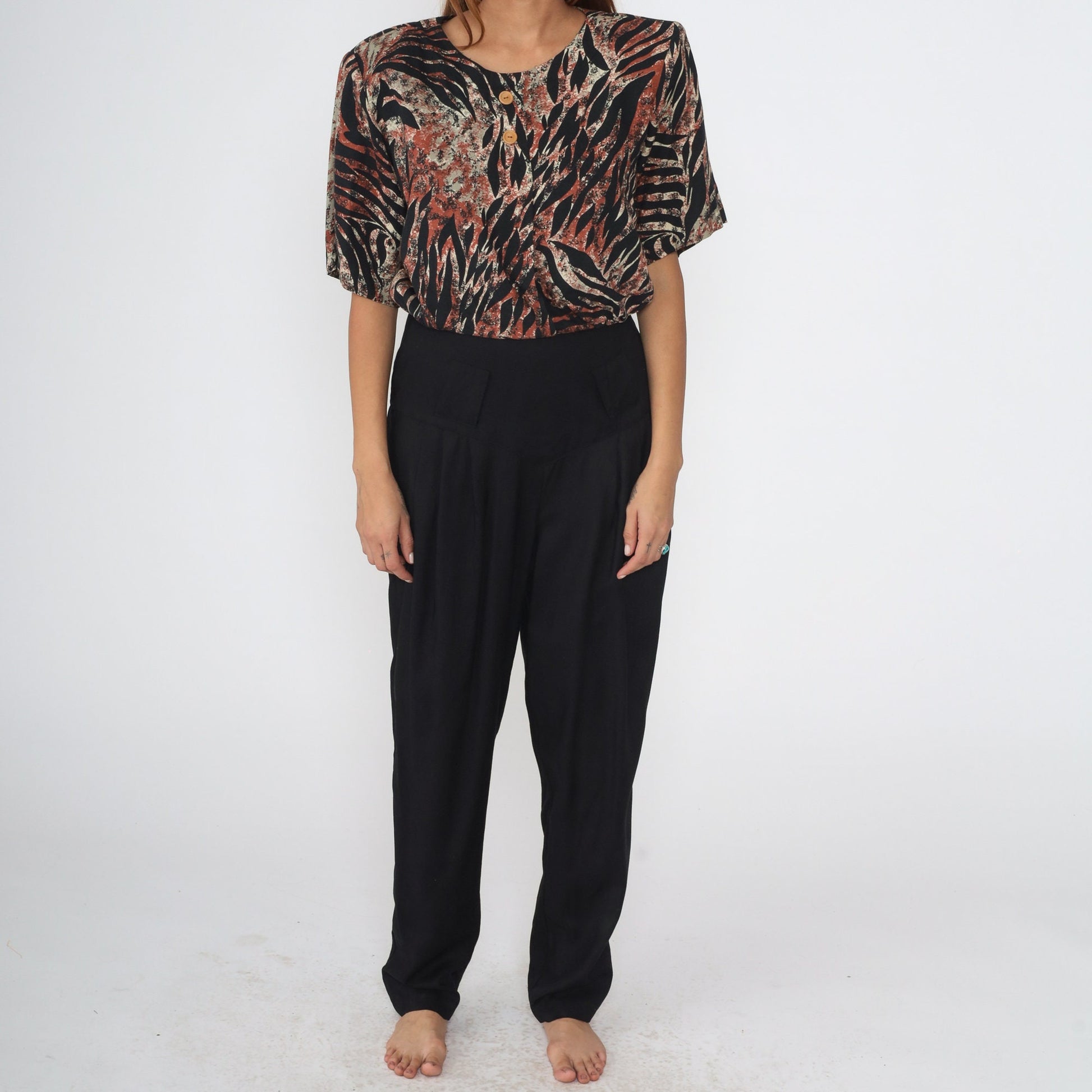 90s Zebra Print Jumpsuit Black Basque Waist Tapered Leg Short Sleeve Medium
