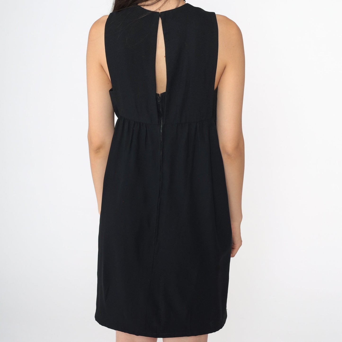 60s Black Mini Shift Dress Keyhole Back Empire Waist Sleeveless Small