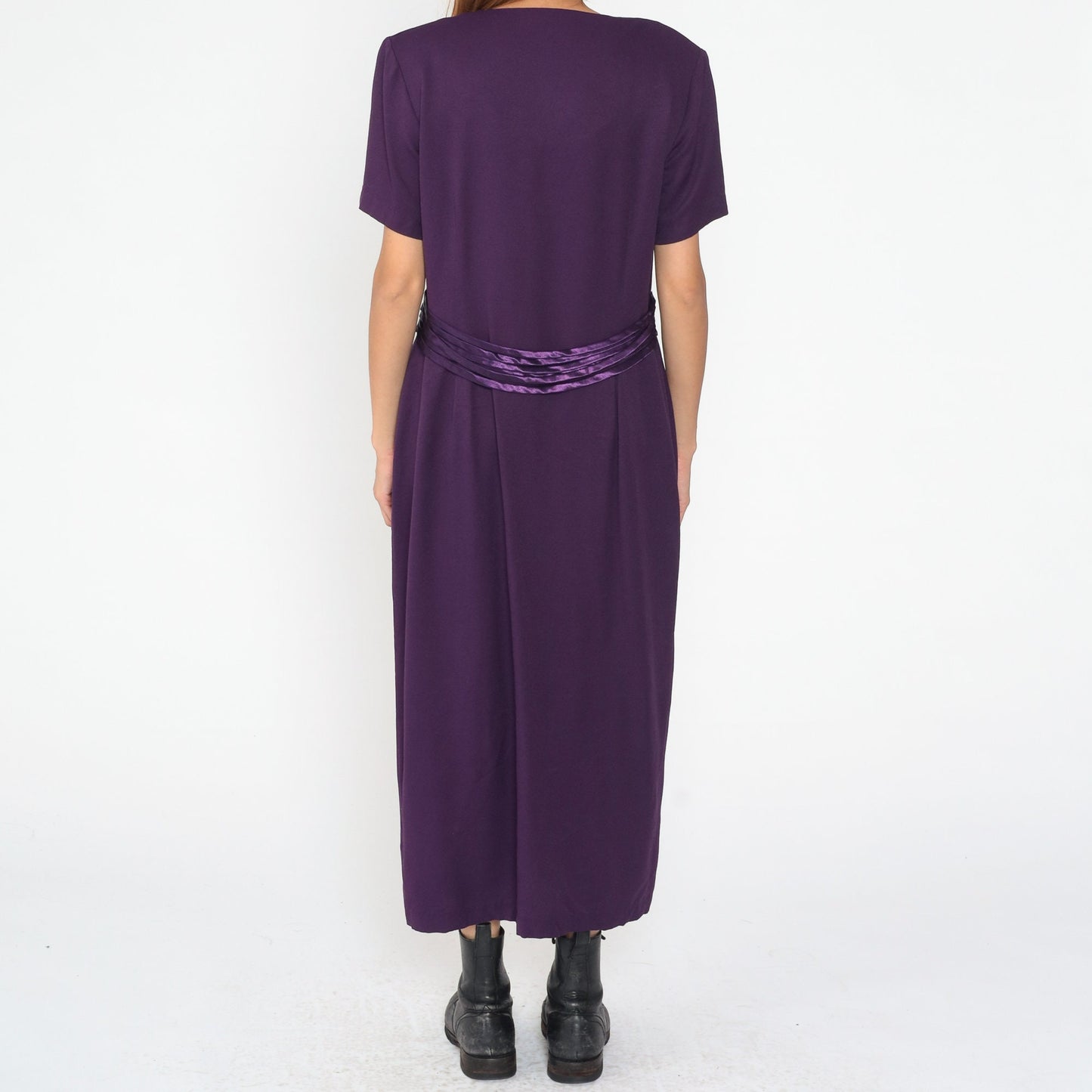 90s Dark Purple Maxi Shirtdress Button Front V Neck Princess Seam Large L