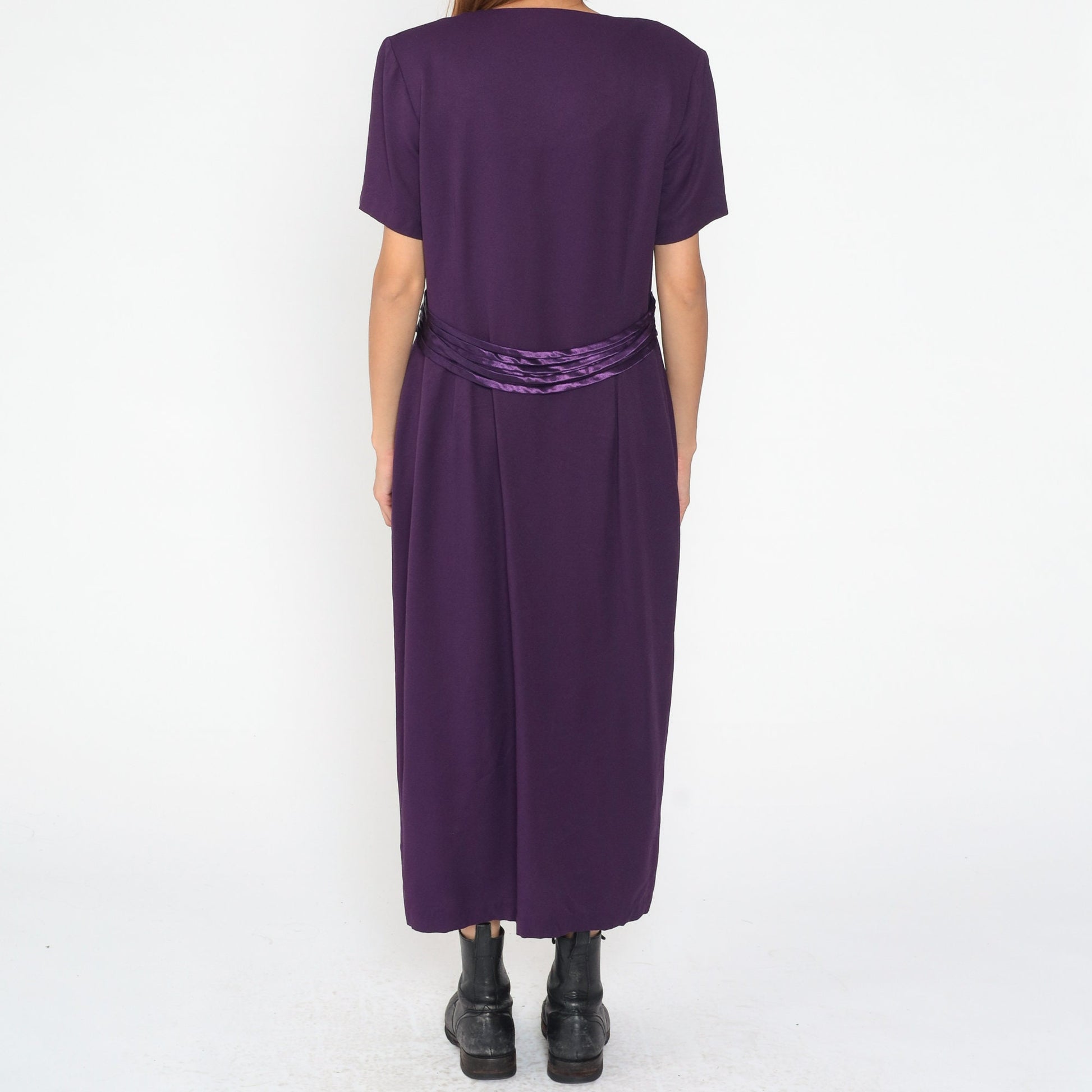 90s Dark Purple Maxi Shirtdress Button Front V Neck Princess Seam Large L